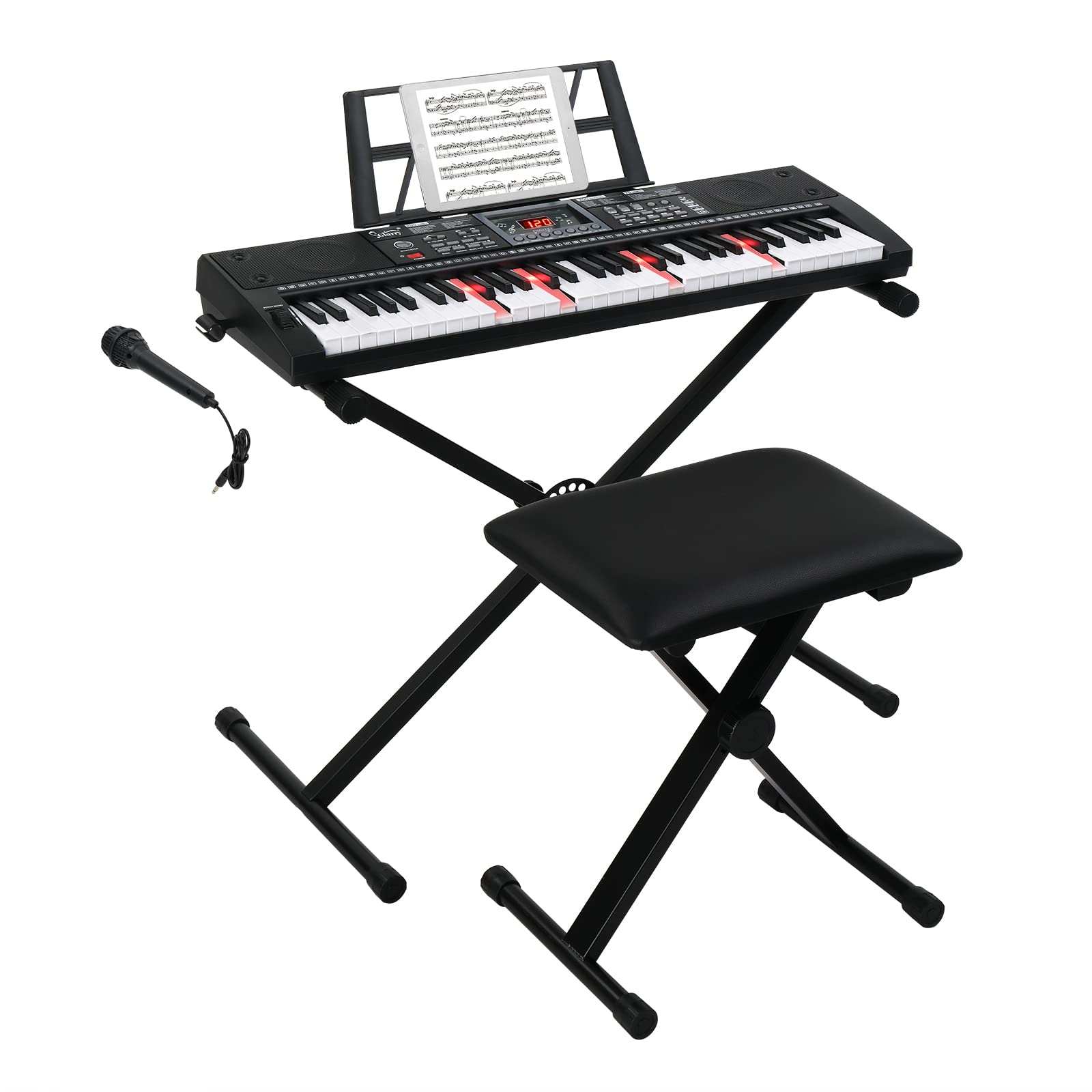 GLARRY 61-Key Full Size Portable Electric Keyboard Piano Set for Beginners & Kids - Includes Piano Bench, Stand, Music Stand, Microphone, Headphone & Power Supply - Perfect for Home Practice, Music Lessons & Christmas Gifts