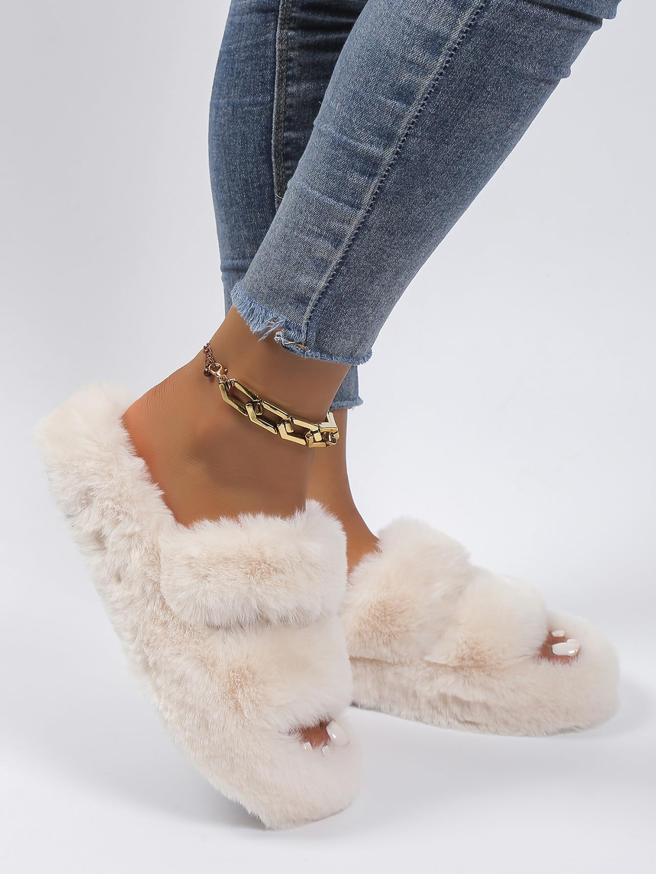 OYOANGLE Women's Fuzzy Slippers - Soft Cozy Warm Double Strap Open Toe House Shoes for Indoor/Outdoor Use - Perfect for Bedroom, Lounge & Winter Comfort