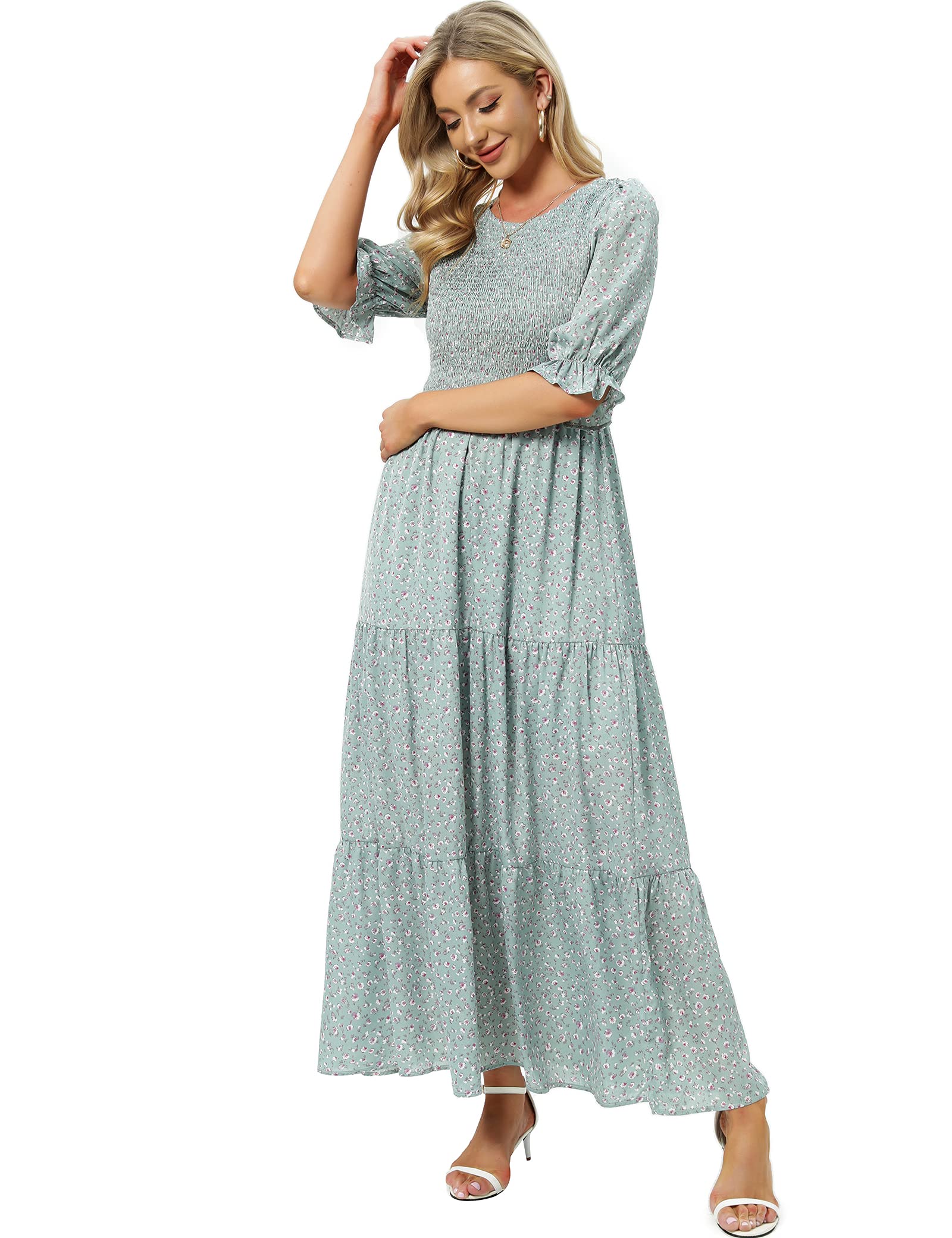 Women's Summer Casual Half Sleeve Bohemian Floral Tiered Maxi Dress - Beach Cover Up, Vacation Outfit, Garden Party Dress
