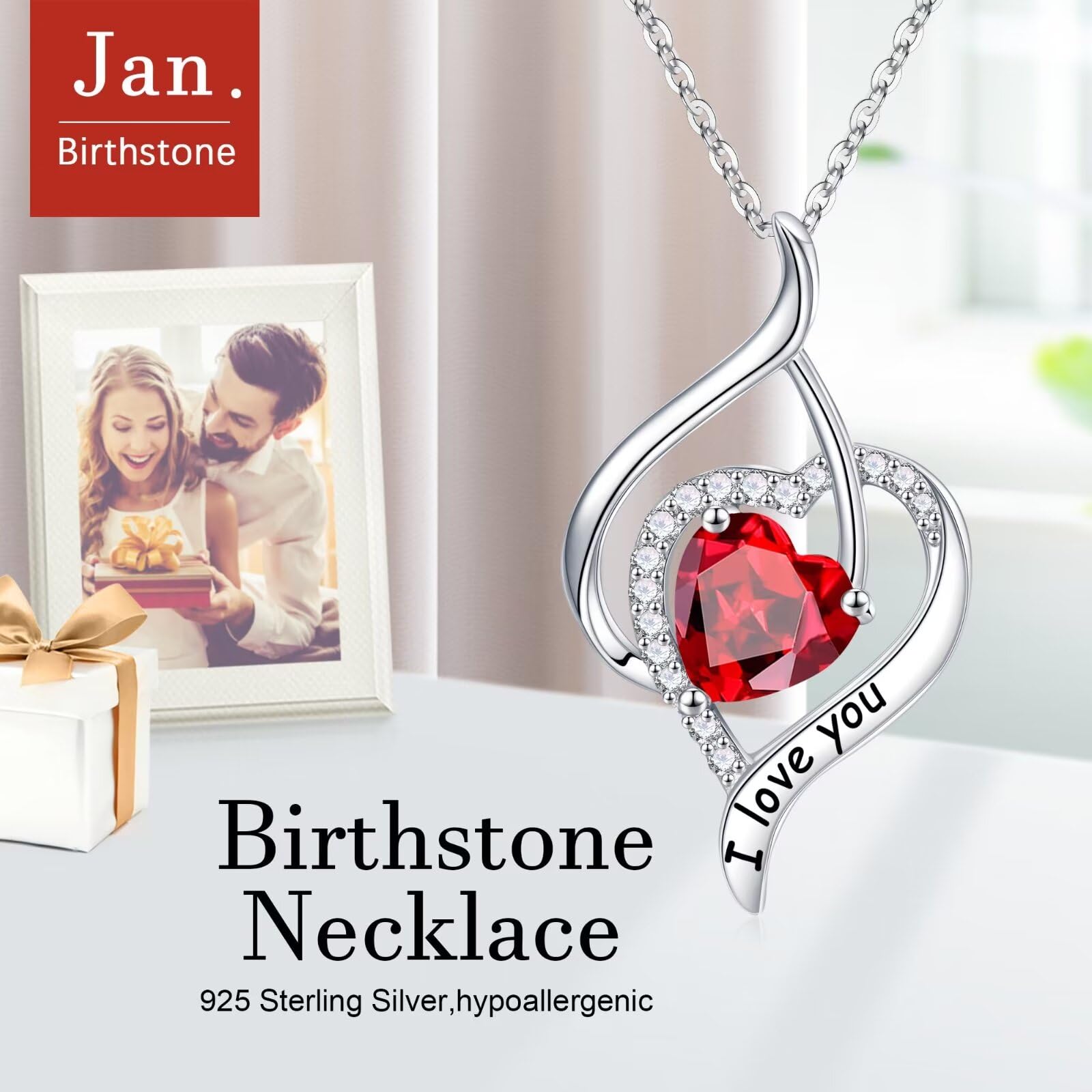 925 Sterling Silver Birthstone Necklace for Women - Natural or Created Gemstone Heart Pendant, Personalized I Love You Jewelry Gift for Valentine's Day, Mother's Day, Anniversary, Birthday & Christmas | Perfect for Romantic Occasions, Special Celebrations & Everyday Elegance