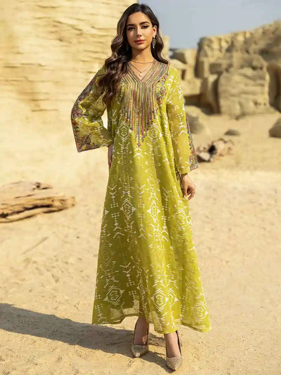 Elegant Eid Dress with Embroidery Applique - Flowy Caftan Kaftan Maxi Dress #25468 for Women - Perfect for Holiday Celebrations, Parties & Special Occasions