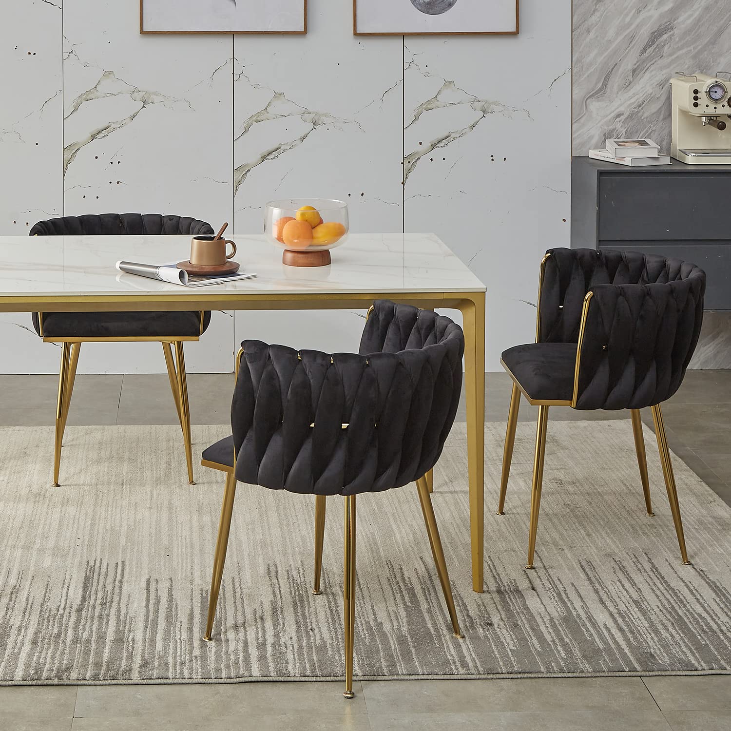 Black Velvet Dining Chairs Set of 4 - Modern Upholstered Chairs with Golden Metal Legs & Woven Design for Dining Room, Kitchen, Living Room | Elegant Seating for Home Decor, Dinner Parties & Vanity Areas