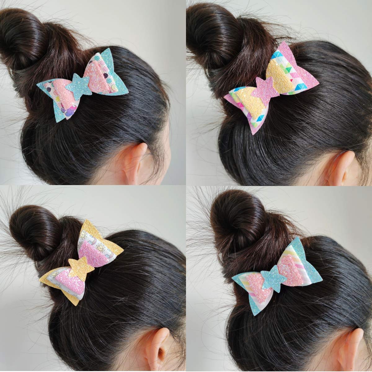 AOUXSEEM DIY Faux Leather Hair Bows Kit - 20 Pre-Cut Pieces with Hair Clips for Girls, Women & Ladies - Medium Rainbow Style Fashion Accessories for Parties, Weddings & Daily Wear