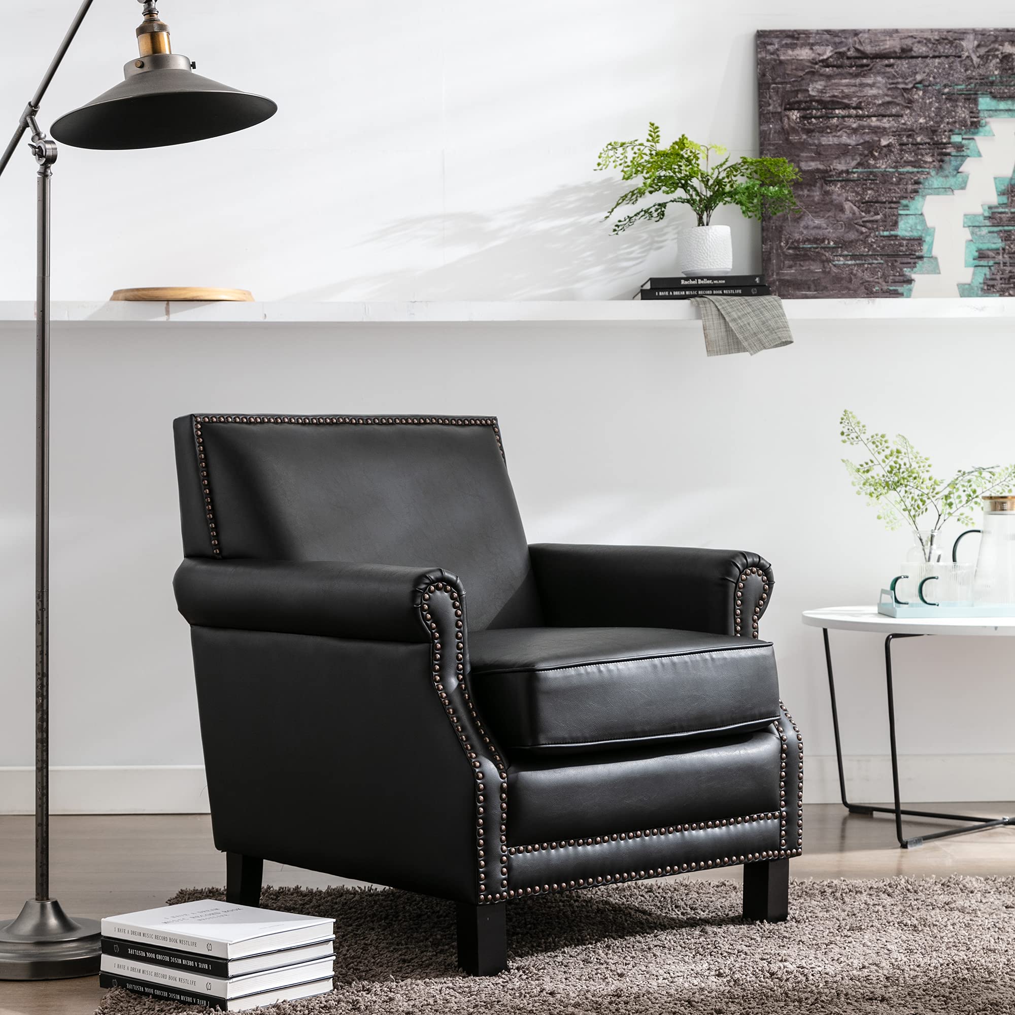 Vintage Suede Armchair Club Chair with Studded Nailhead Trim & Solid Wood Legs - Traditional Upholstered Lounge Chair for Living Room, Study, Bedroom, Office - Perfect for Cozy Reading Nooks & Elegant Home Decor (Black)