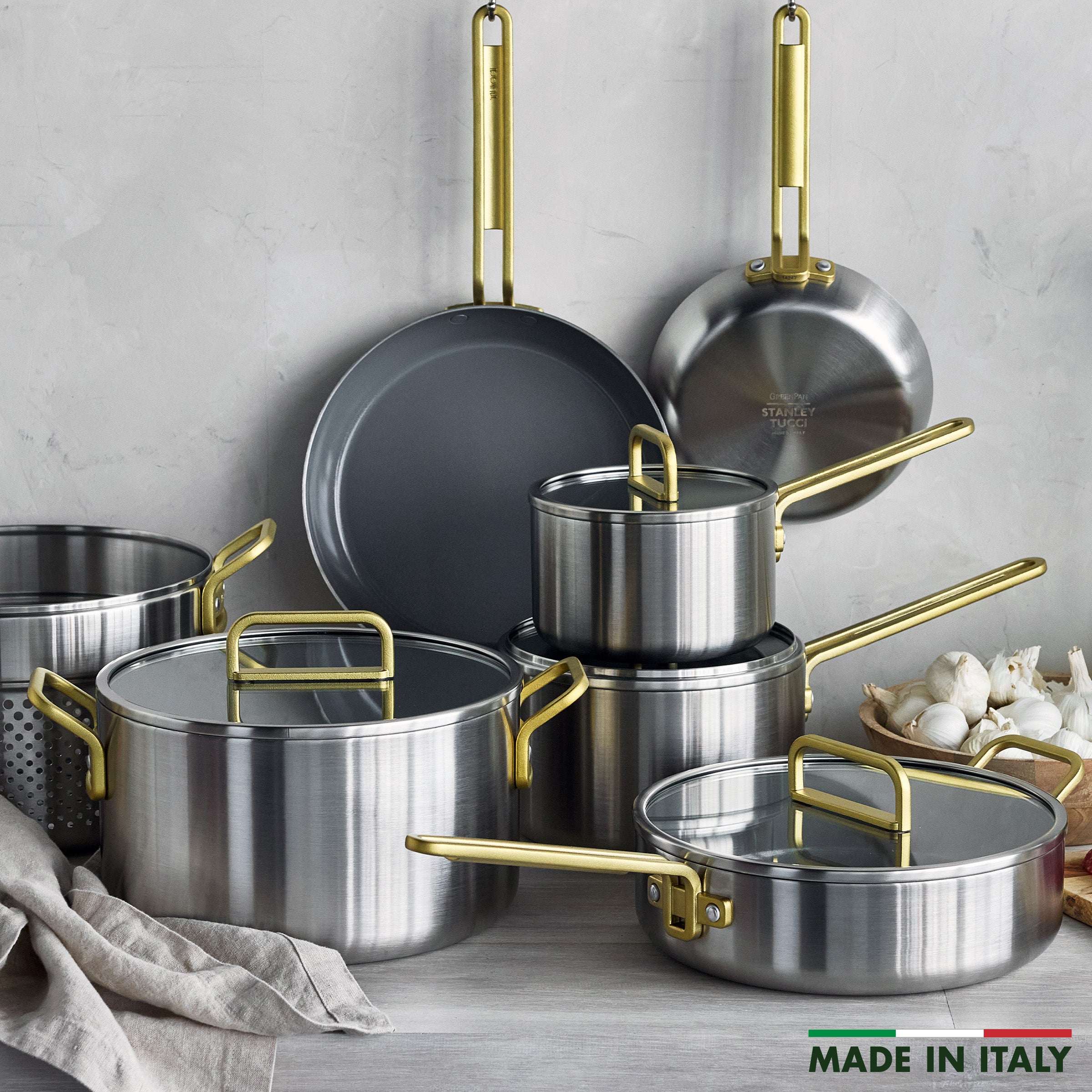 Stanley Tucci™ 11-Piece Stainless Steel Cookware Set with Mixed Material Lids & Free Tucci Cookbook - Perfect for Home Chefs & Gourmet Cooking Enthusiasts
