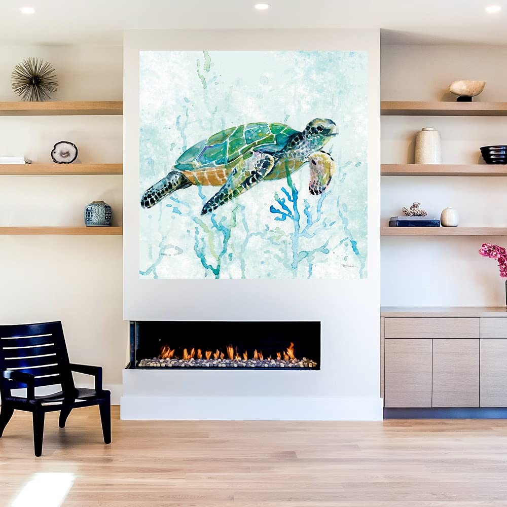 Sea Turtle Swim Canvas Wall Art - Handmade Ocean Themed Painting by Artist Carol Robinson - 32x32 Inch Ready to Hang Home Decor for Living Room, Bedroom, Bathroom & Office - Perfect for Beach House, Coastal Decor & Nature Lovers