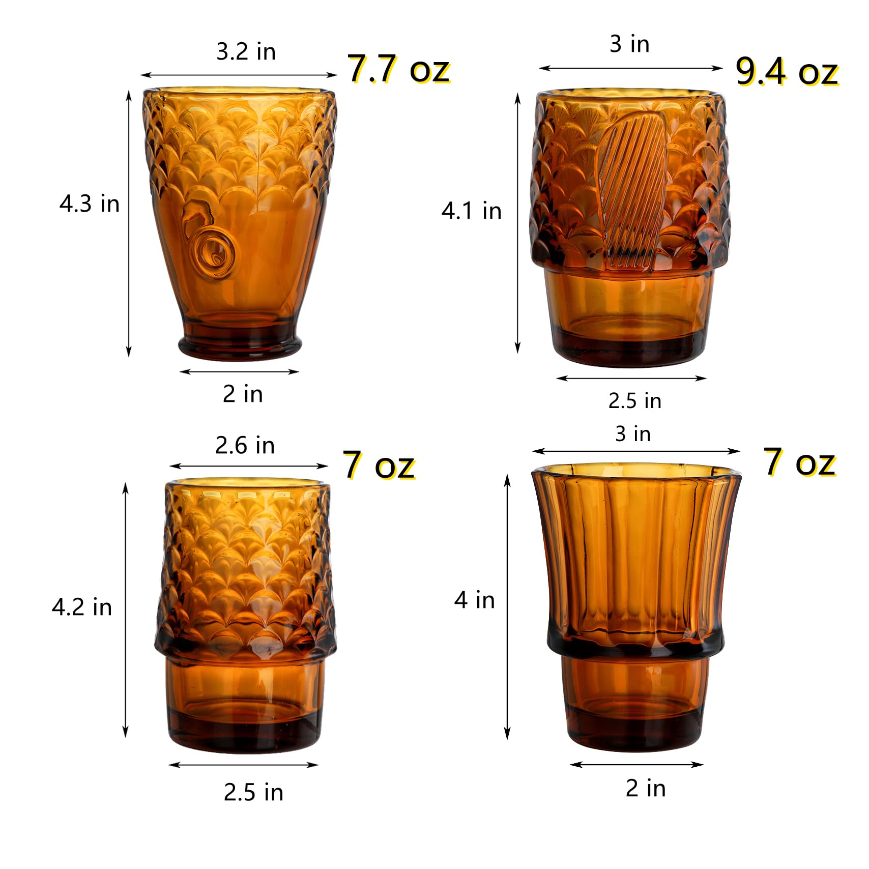 Set of 4 Koi Fish Design Stackable Amber Tumbler Glasses - 16oz Drinking Cups for Juice, Water & Beverages - Durable Nautical Glassware for Home, Party, Bar & Restaurant Use - Perfect for Iced Tea, Cocktails & Summer Drinks
