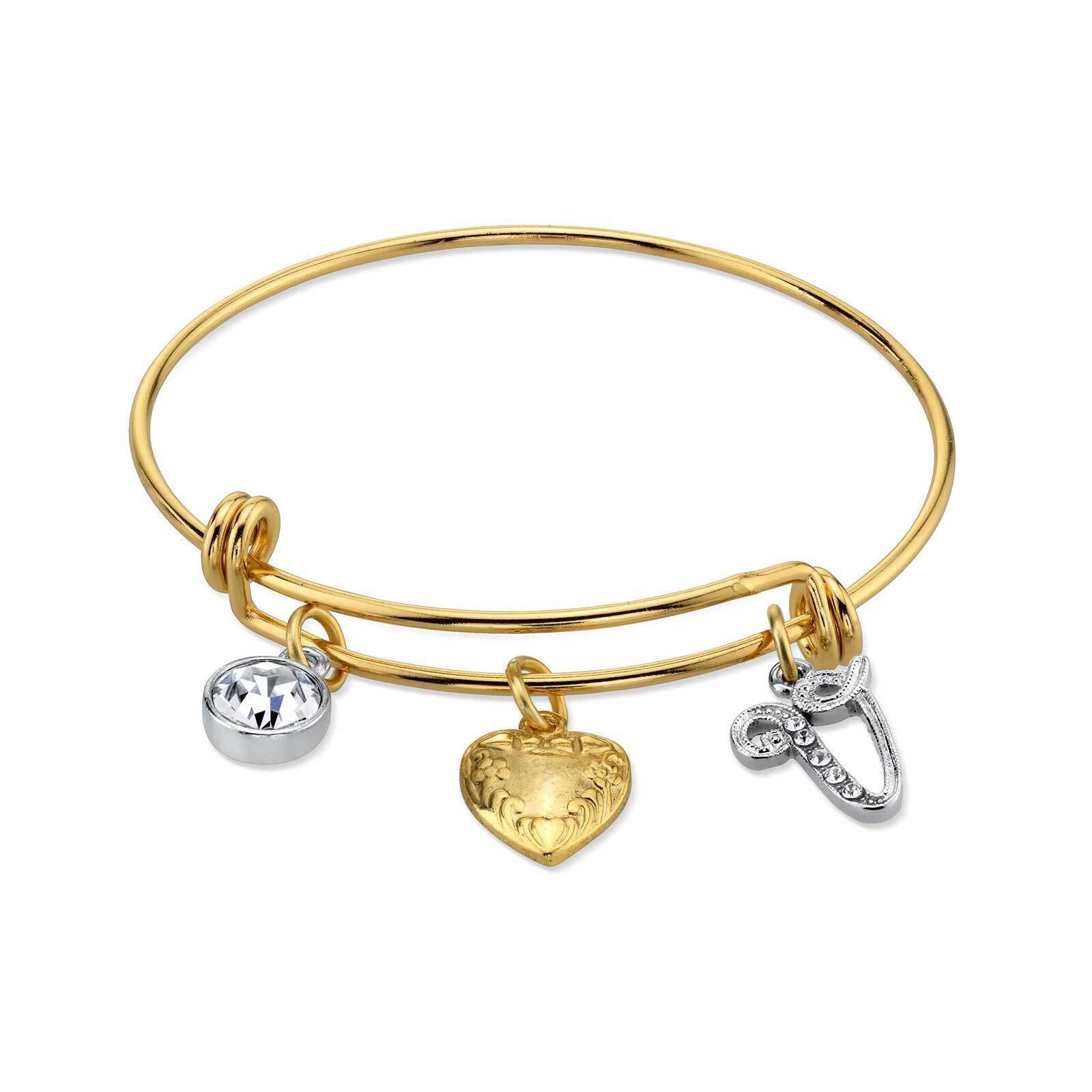 1928 Gold Heart Initial Crystal Charm Bangle Bracelet for Women - Personalized Name Jewelry Gift for Her - Perfect for Valentine's Day, Anniversary & Special Occasions