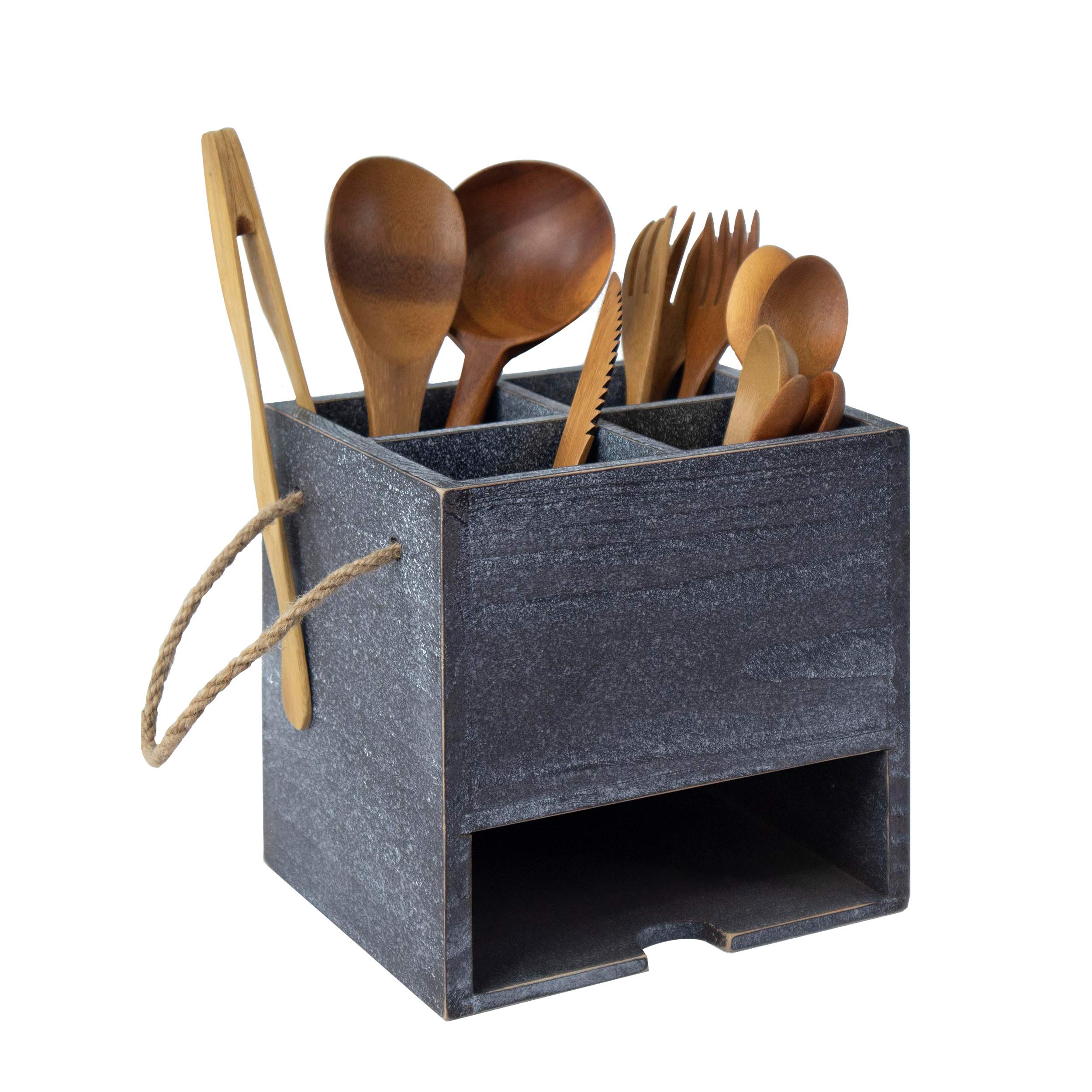 Torched Wood Kitchen Utensil Organizer - 4 Compartment Cutlery Caddy with Napkin Holder for Forks, Spoons & Knives | Rustic Dining Table Storage Solution for Home & Restaurant Use