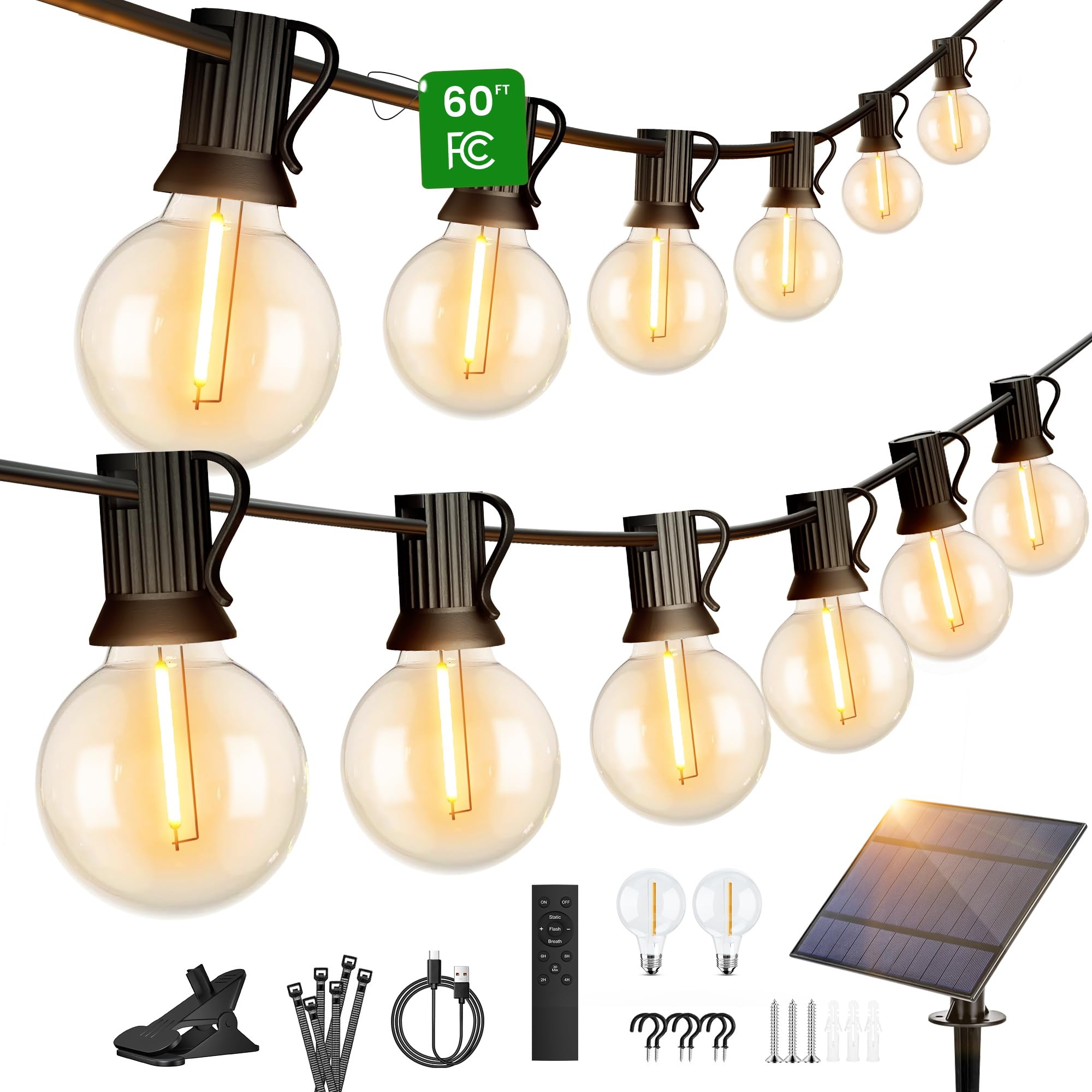 OHLUX 60FT Solar Powered Outdoor String Lights with Remote - 25+2 LED Waterproof Patio Lights, 4 Lighting Modes, Shatterproof G40 Bulbs - Perfect for Backyard, Garden, Deck, Wedding & Party Decorations