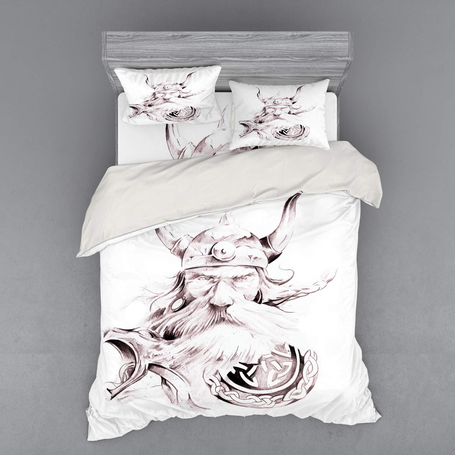 Ambesonne Viking Warrior Duvet Cover Set - 4 Piece Bedding with Shams & Fitted Sheet, Queen Size, Dried Rose White - Norse Mythology Themed Home Decor for Bedroom, Perfect for Viking Lovers & Medieval Style Enthusiasts