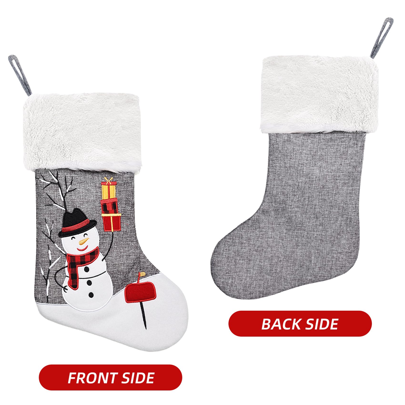 CARAKNOTS 3-Pack Grey Burlap Christmas Stockings with Embroidery Applique - Santa, Snowman & Elk Designs, Faux Fur Trim, Large Size for Kids, Family & Baby - Perfect for Fireplace Xmas Decor & Holiday Gift Giving
