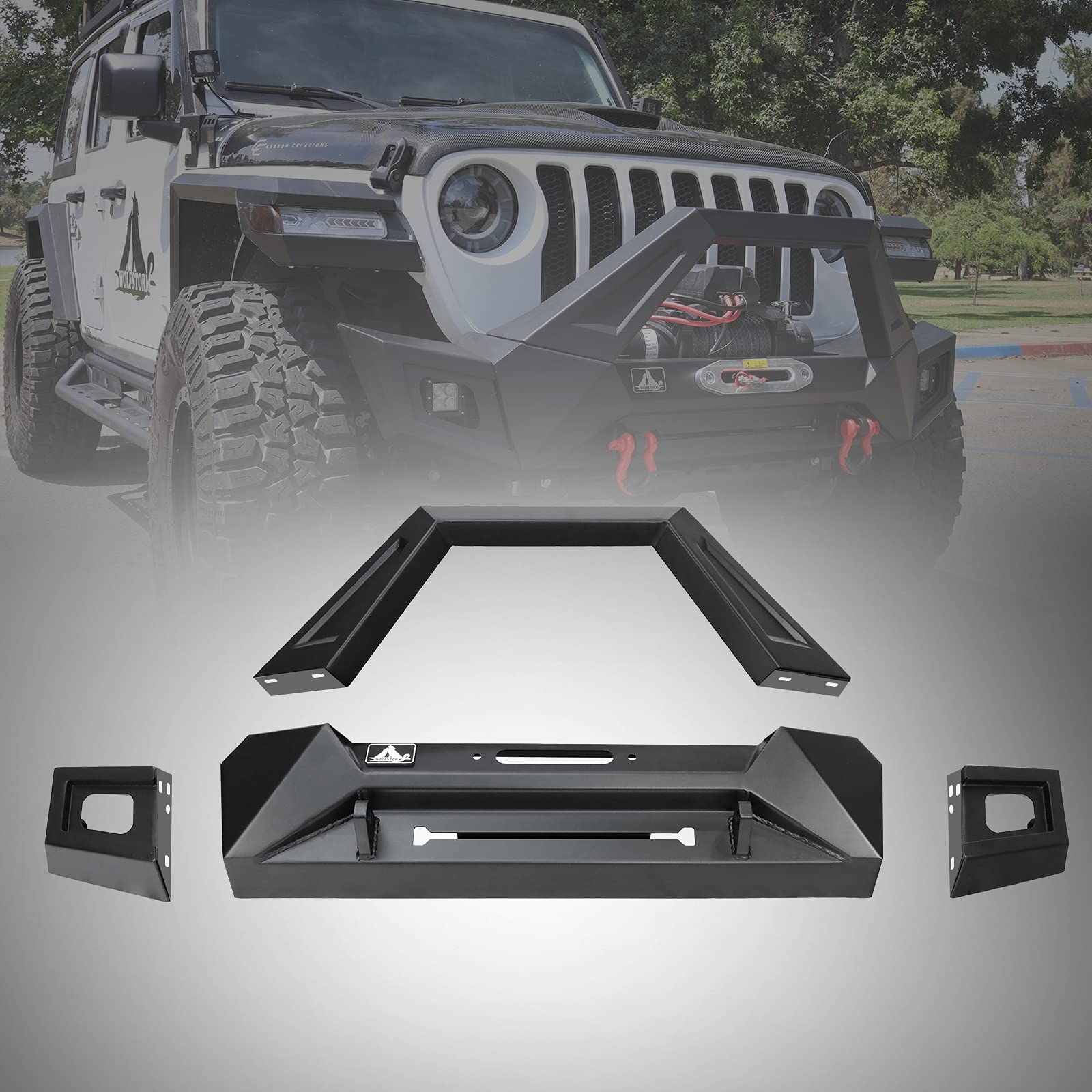 Hawkley Rock Crawler Full Width Front Bumper with LED Lights, D-Rings & Winch Plate - Compatible with Jeep Wrangler JK (2007-2018), JL (2018-2025) & Gladiator JT (2020-2025) - Heavy Duty Off-Road Protection for Trail Riding & Rock Crawling