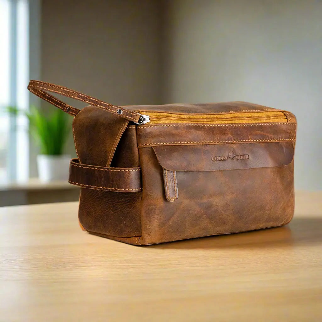 Premium Leather Darwin Travel Wash Bag for Men & Women - Durable Toiletry Organizer for Bathroom, Gym, Camping & Business Trips