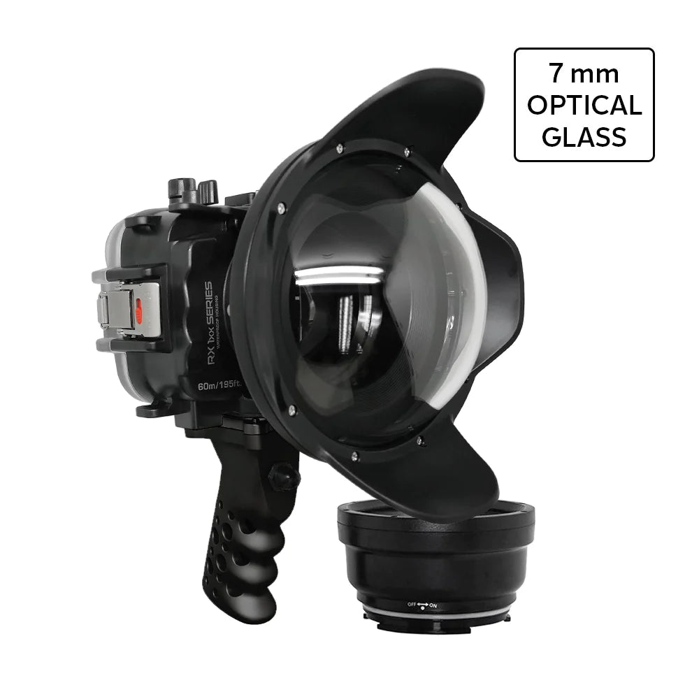 Waterproof Housing for Sony RX1xx Series - 60M/195FT Depth Rating, Aluminum Pistol Grip & 6 Optical Glass Dry Dome Port (Black) - Ideal for Underwater Photography, Scuba Diving, and Marine Exploration