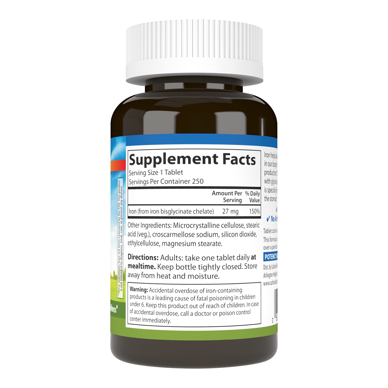 Carlson Labs Chelated Iron 27mg Supplement - 250 Easy-to-Swallow Tablets for Iron Deficiency & Energy Support - Daily Immune & Blood Health Booster for Men & Women