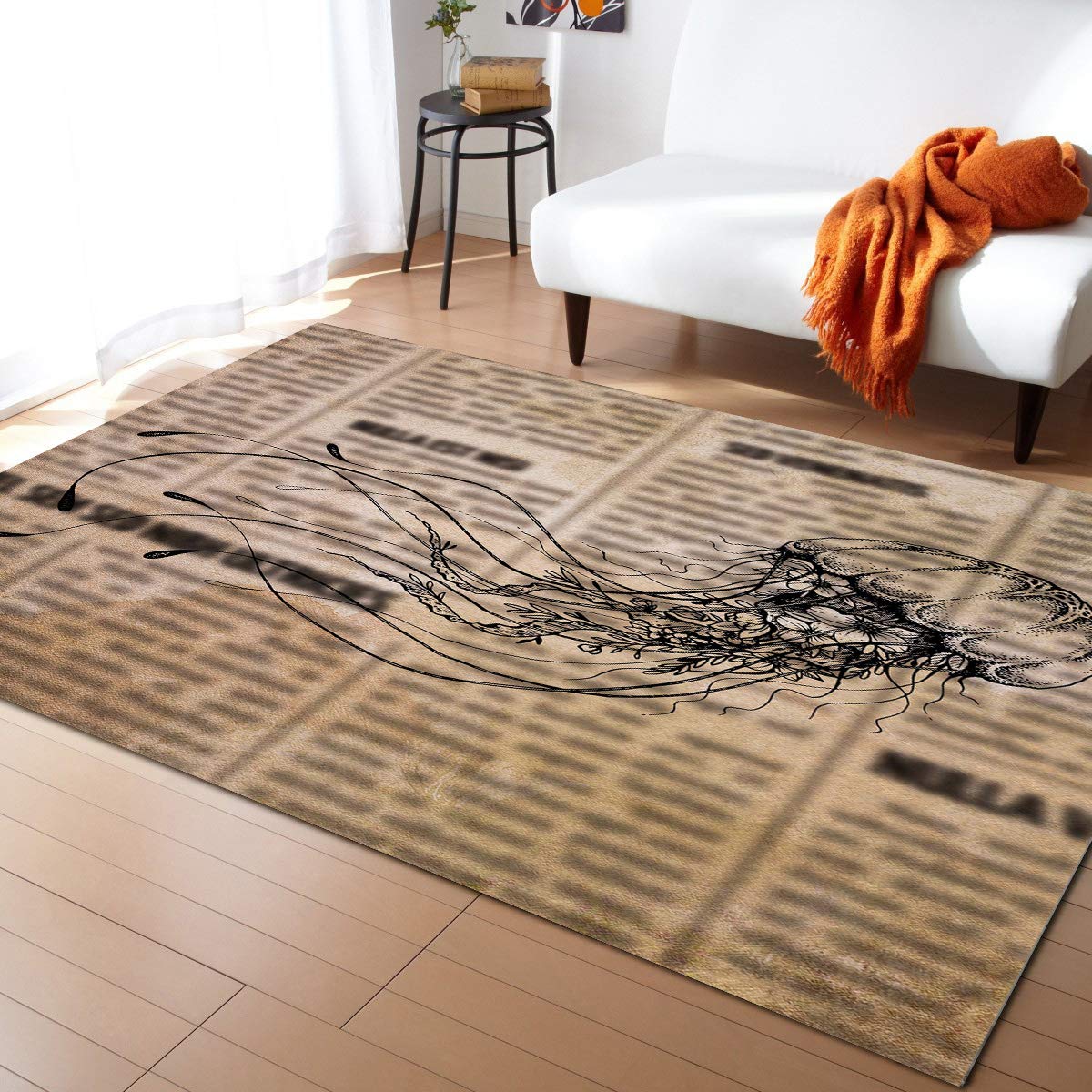 LBDecor 5x8ft Vintage Jellyfish Newspaper Collection Area Rug - Non-Slip Living Room Carpet for Bedroom, Hallway, Nursery | Indoor/Outdoor Home Decor with Kraken Ocean Animal Design | Perfect for Coastal Themed Spaces & Kids' Rooms