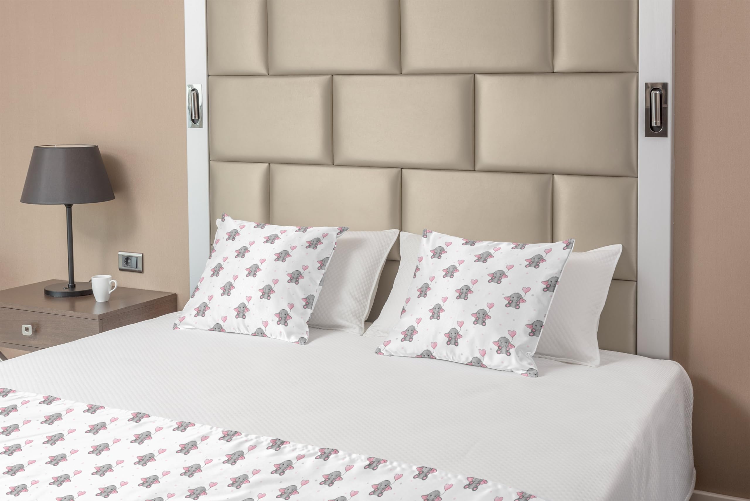 Ambesonne Animal Cartoon Bed Runner Set with Heart-Shaped Pink Balloons - Girlish Design Decorative Bedding Scarf & 2 Pillow Shams for Queen Size Bed - Grey Pale Pink White - Perfect for Hotels, Homes, and Girls' Bedroom Decor