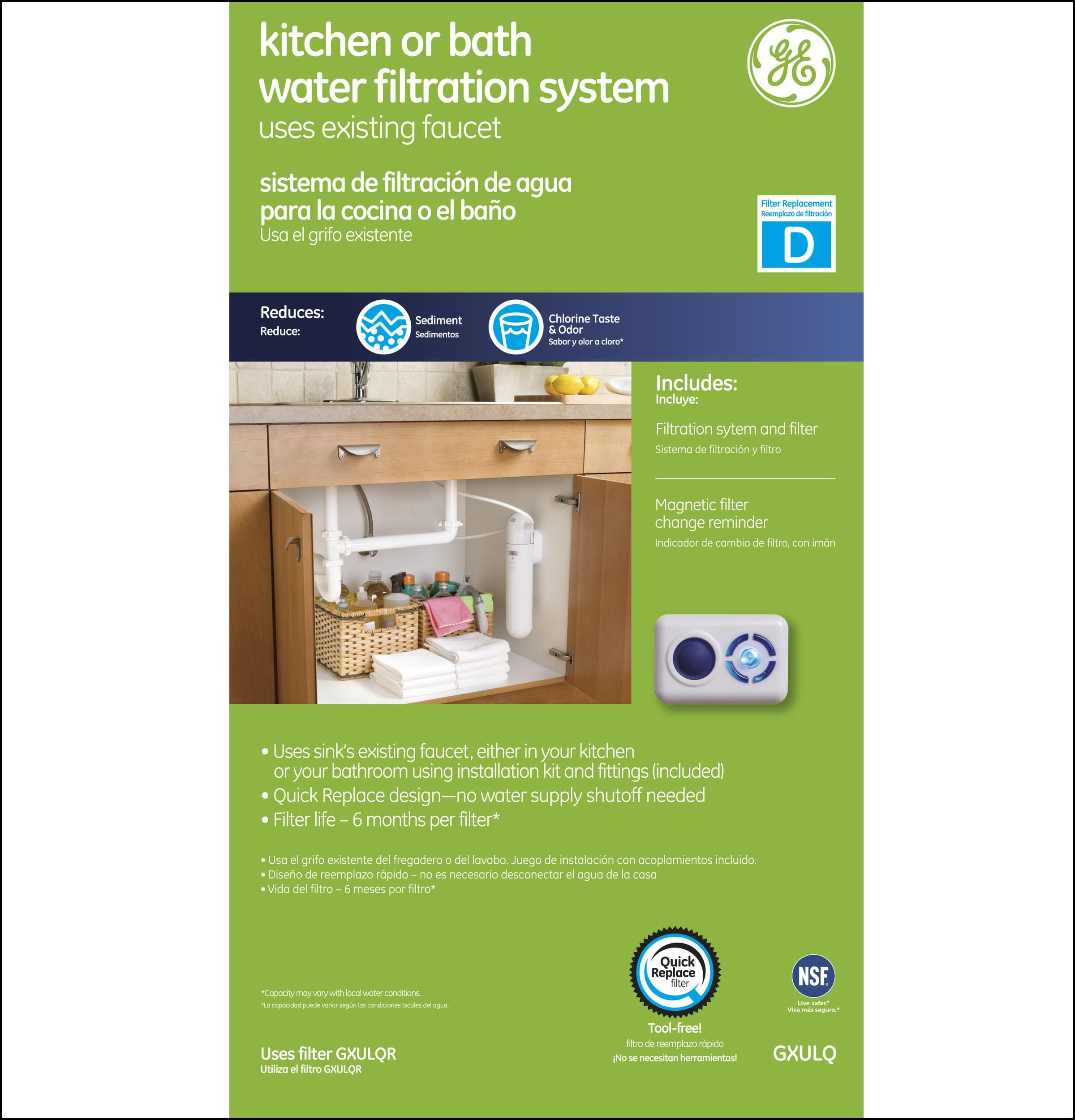 GE Under Sink Water Filter System for Kitchen & Bath - Advanced Filtration Reduces 99% Impurities | GXULQ Model (4.6x8.5x14.5 Inches) White | Perfect for Clean Drinking Water, Cooking & Ice Making
