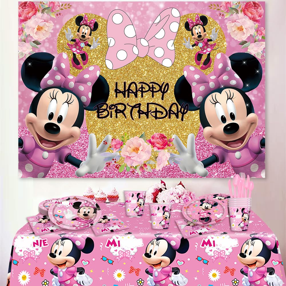 Pink Mouse Party Tableware Set - 6x4ft Backdrop, Dinner Plates, Dessert Plates, Paper Cups, Forks, Knives, Spoons, Napkins & Tablecloth - Perfect for Birthday Parties, Baby Showers & Themed Events