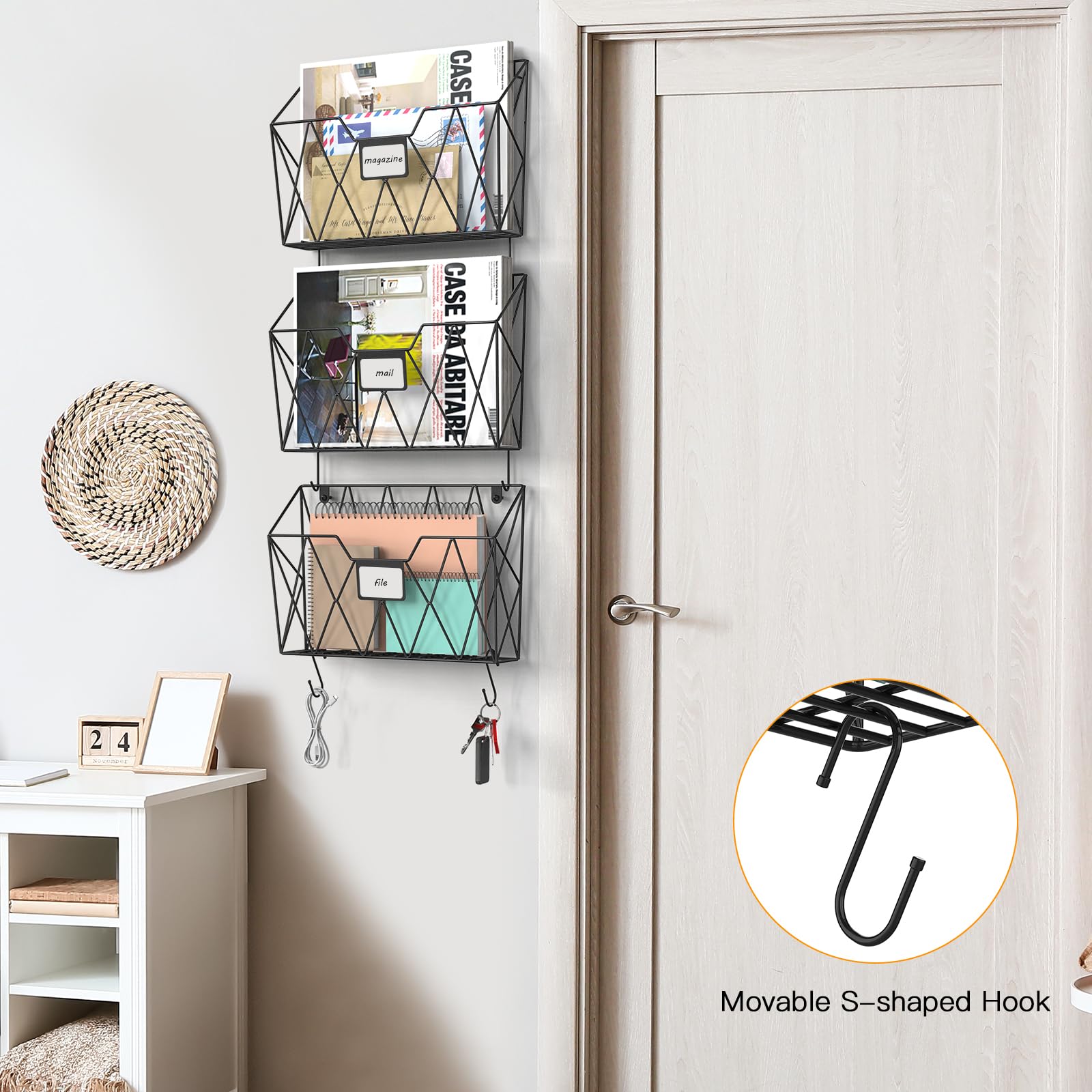 YBING 6-Pack Mesh Wall File Organizer with Hooks - Hanging Wall Mount Magazine Rack, Mail & Paper Holder for Office, Home - Perfect for Organizing Folders, Documents, Clipboards in Black (Ideal for Small Spaces & Home Office Organization)