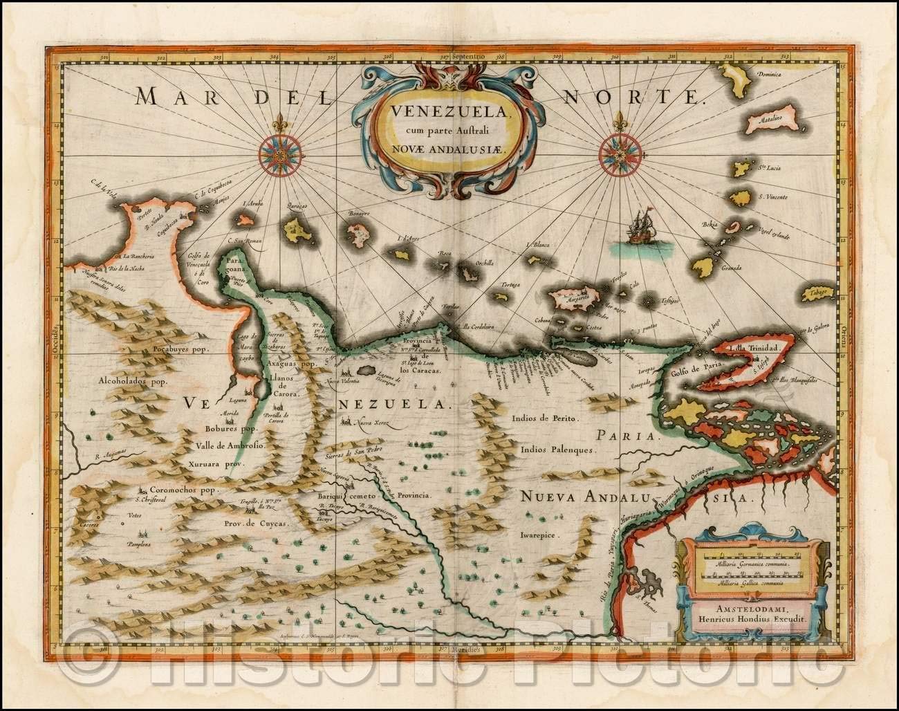 Vintage 1636 Henricus Hondius Map of Venezuela and Northeastern South America - Historic Wall Art Decor 44x35 Inches - Perfect for Home, Office, or Classroom Decoration