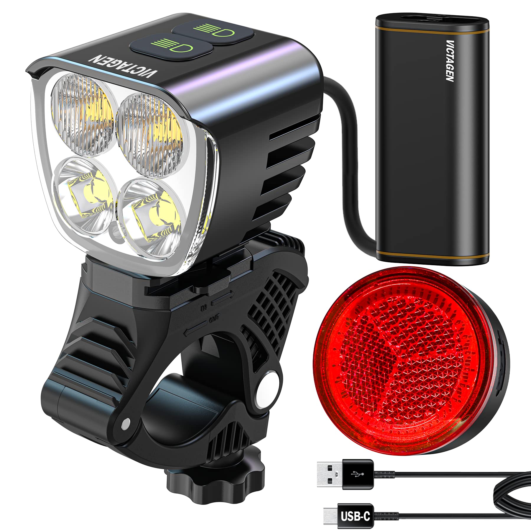 Victagen 12000 Lumens Bike Light Set - USB-C Rechargeable Waterproof LED Bicycle Headlight & Taillight with High/Low Beam & Power Bank Function - Perfect for Night Riding, Cycling Safety & Outdoor Adventures