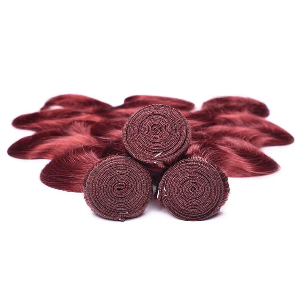 Brazilian Body Wave Virgin Human Hair Bundles - 8A Grade Soft Wine Red Hair Extensions (4 Bundles, 24