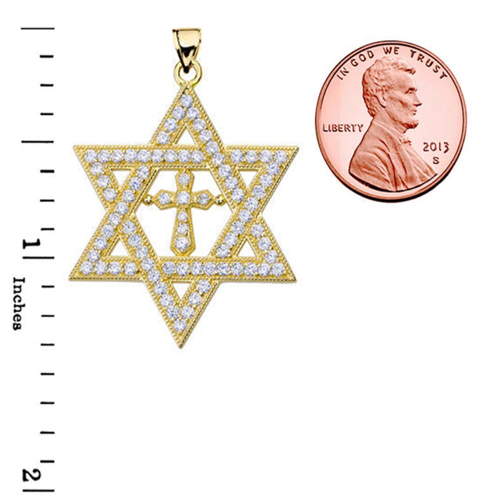 10K Yellow Gold Diamond Star of David Cross Pendant Necklace - 1.4 Inch Religious Jewelry for Women, Perfect for Hanukkah, Christmas Gifts & Daily Wear