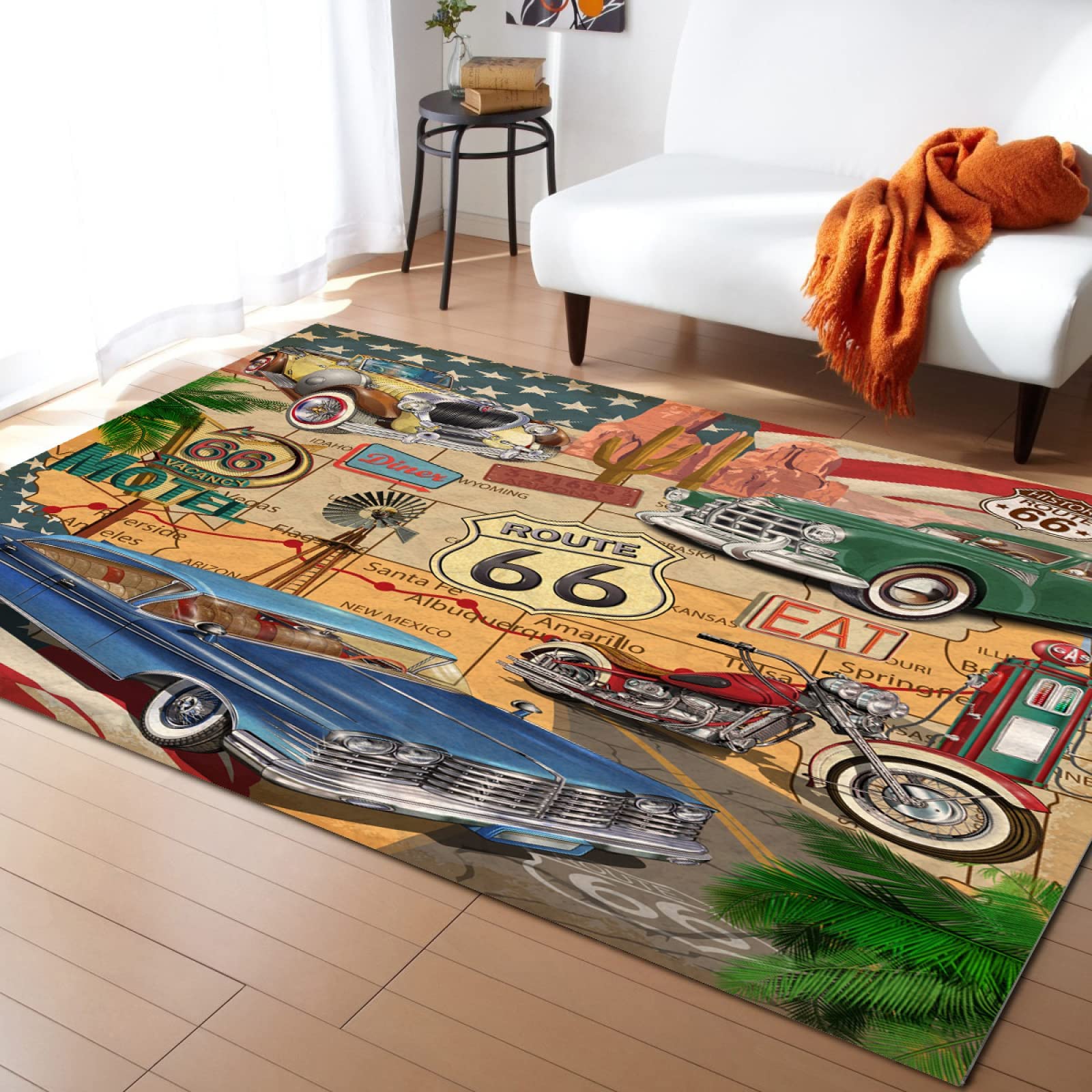 Vintage Route 66 Area Rug - Classic Car & Gas Station Design Soft Washable Carpet with Non-Slip Backing | 5x6 Feet Living Room, Bedroom, Kitchen, Dining Room & Home Office Floor Decor | Perfect for Retro Themed Spaces & Road Trip Enthusiasts