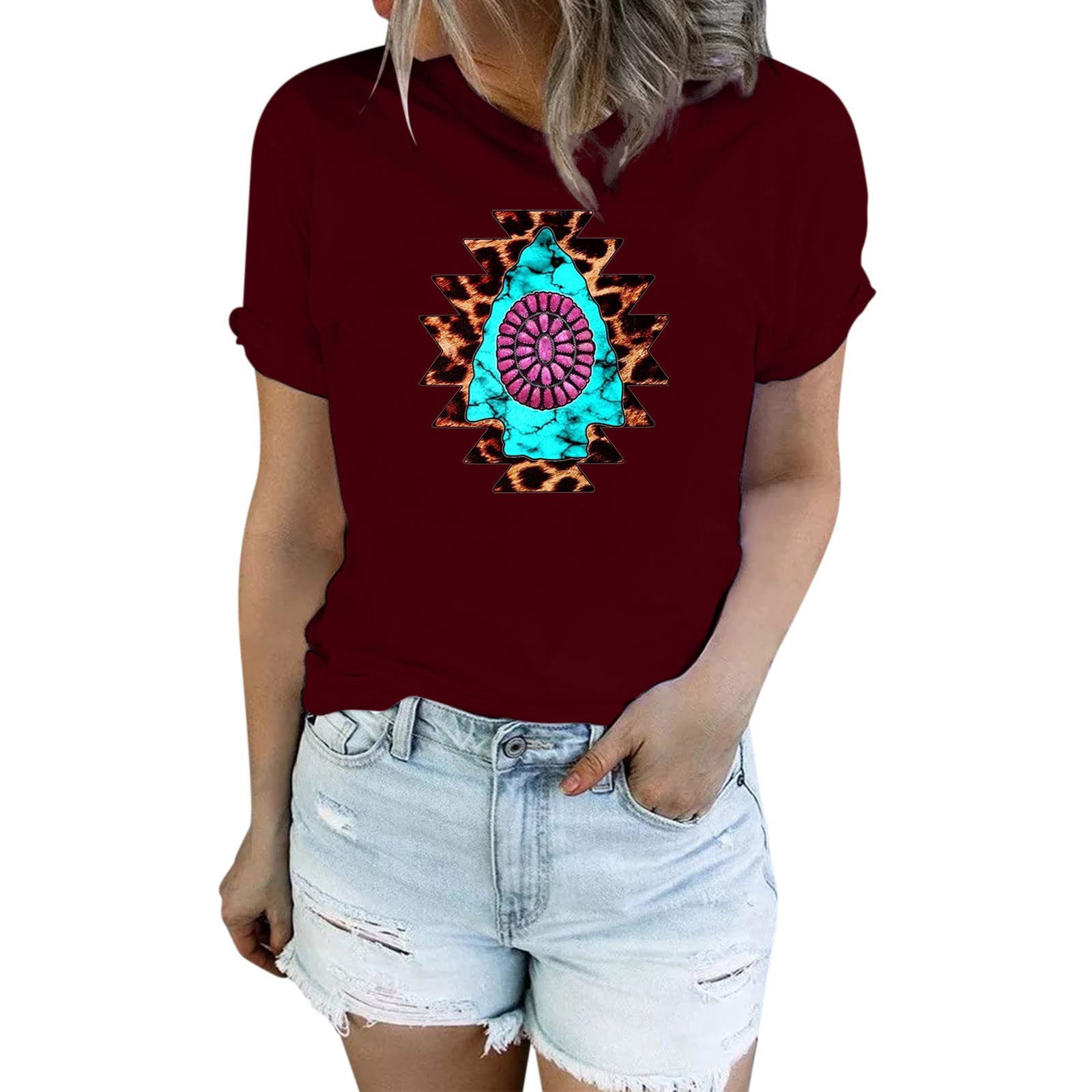 Women's Casual Short Sleeve Aztec Print Denim Shirt - Western Style Loose Fit T-Shirt Top for Women | Perfect for Summer Outfits, Music Festivals & Boho Chic Looks