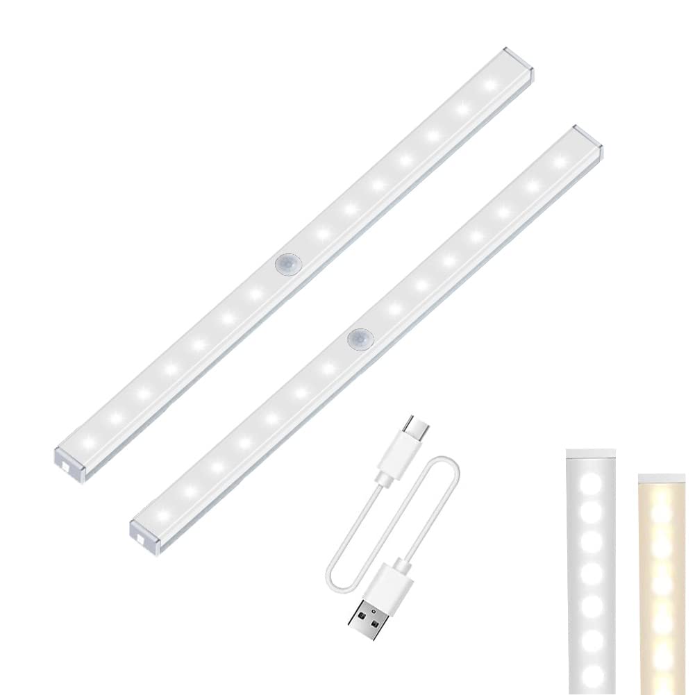 KAKKOII Motion Sensor LED Closet Light - USB Rechargeable Dimmable Under Cabinet Lighting, Magnetic Stick-On Night Light Bar for Wardrobe, Stairs, Bedroom, Hallway & Kitchen (2-Pack, White) - Perfect for Dark Spaces & Energy-Efficient Home Lighting