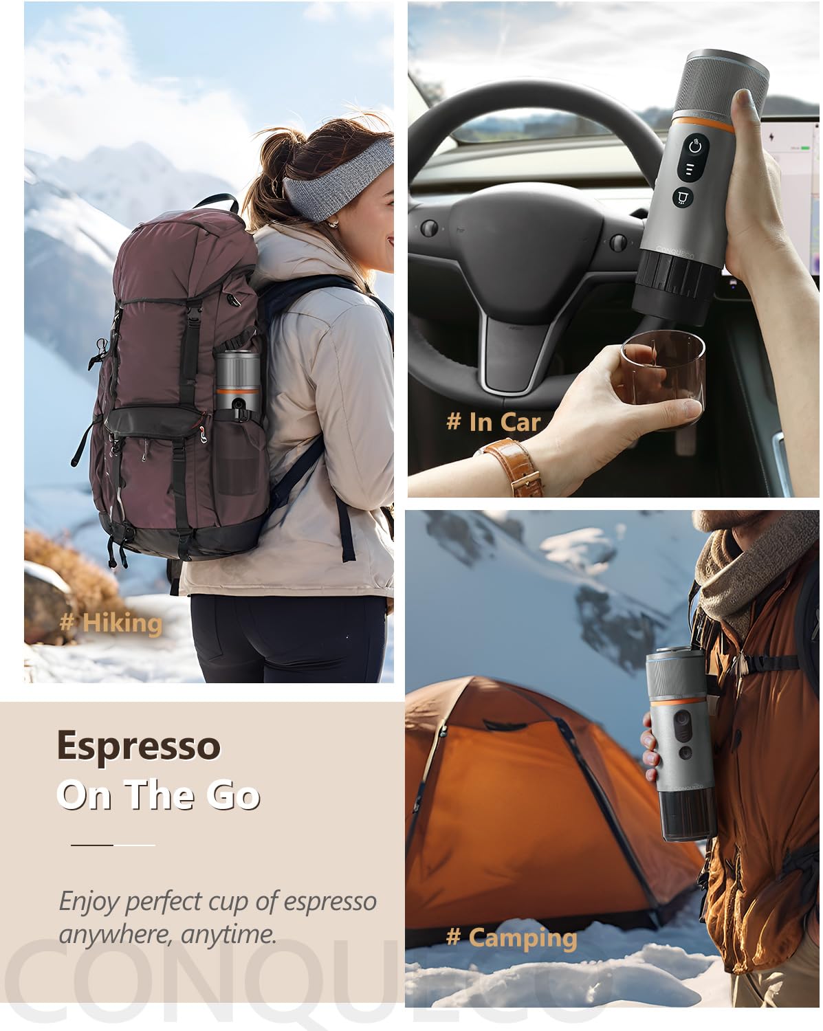 CONQUECO Portable Espresso Machine for Travel & Camping - 12V Car Coffee Maker with Rechargeable Battery - Fast 2.5 Min Heating - Compact Electric Espresso Maker with Ground Coffee & NS Capsule - Perfect for RV, Hiking, Office & Outdoor Adventures