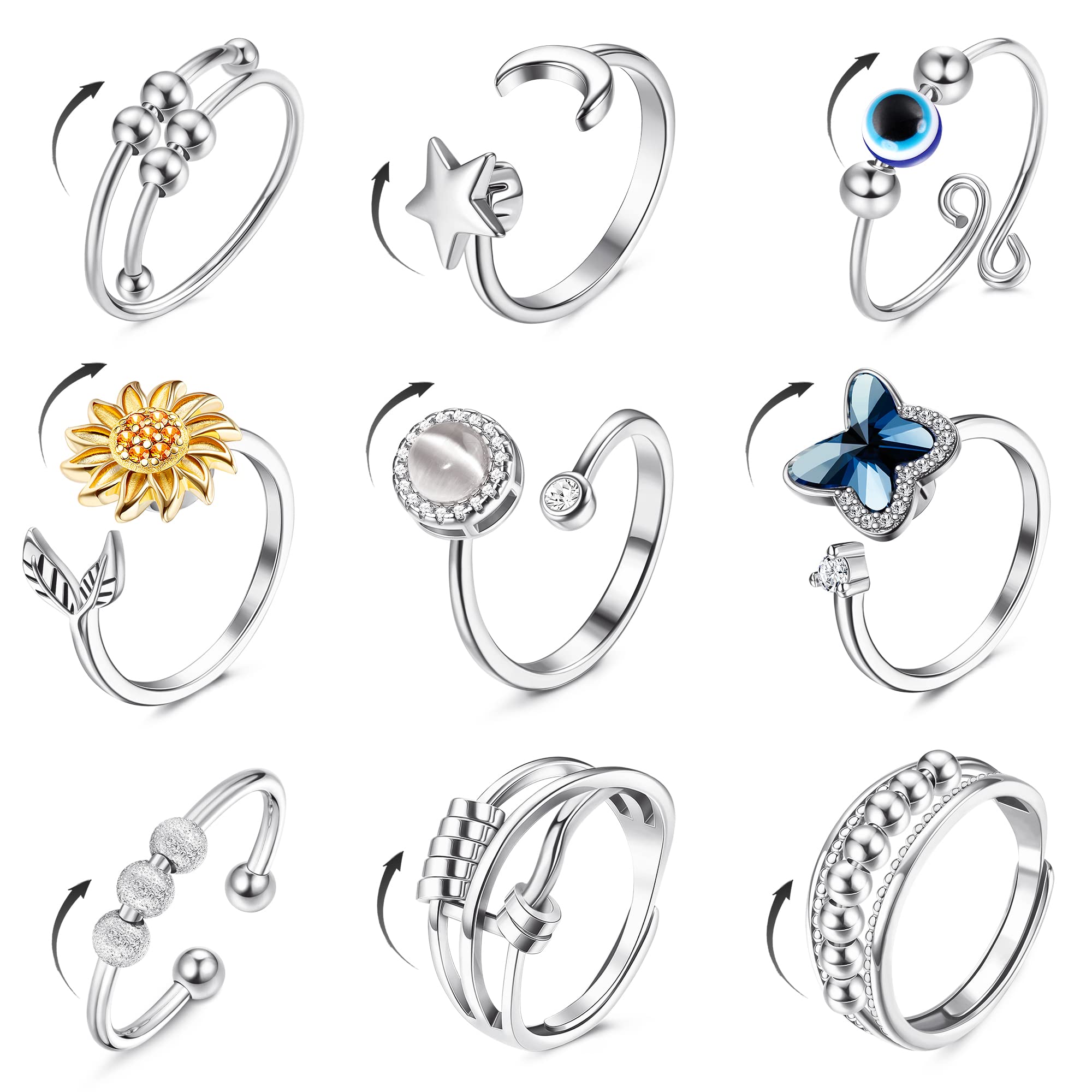FIBO STEEL 9 Pcs Anxiety Relief Spinner Rings for Women & Men - Stress Relieving Fidget Rings with CZ Flower, Moon & Star Designs - Adjustable Rotatable Anti-Anxiety Jewelry for Office, School & Travel
