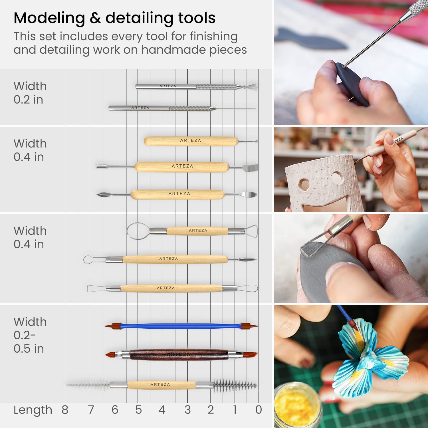Arteza 42-Piece Pottery & Polymer Clay Sculpting Tools Set - Steel Tip with Wooden Handles for Modeling, Smoothing & Carving - Perfect for Ceramics, DIY Crafts & Art Projects