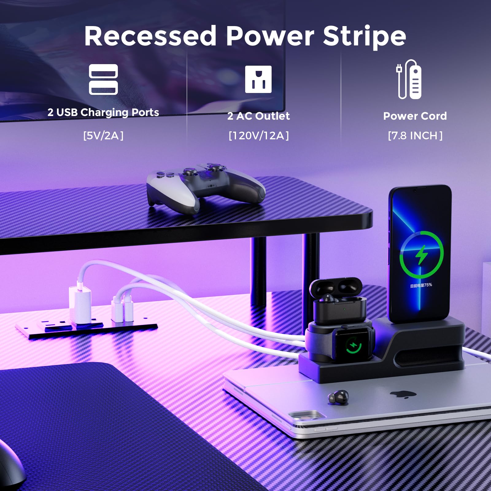 GTRACING 55 Inch LED Gaming Desk with Power Outlet & Monitor Stand - Ergonomic Carbon Fiber Computer Desk with Headphone Hook & Mouse Pad - Perfect for PC Gaming Setup, Home Office & Esports