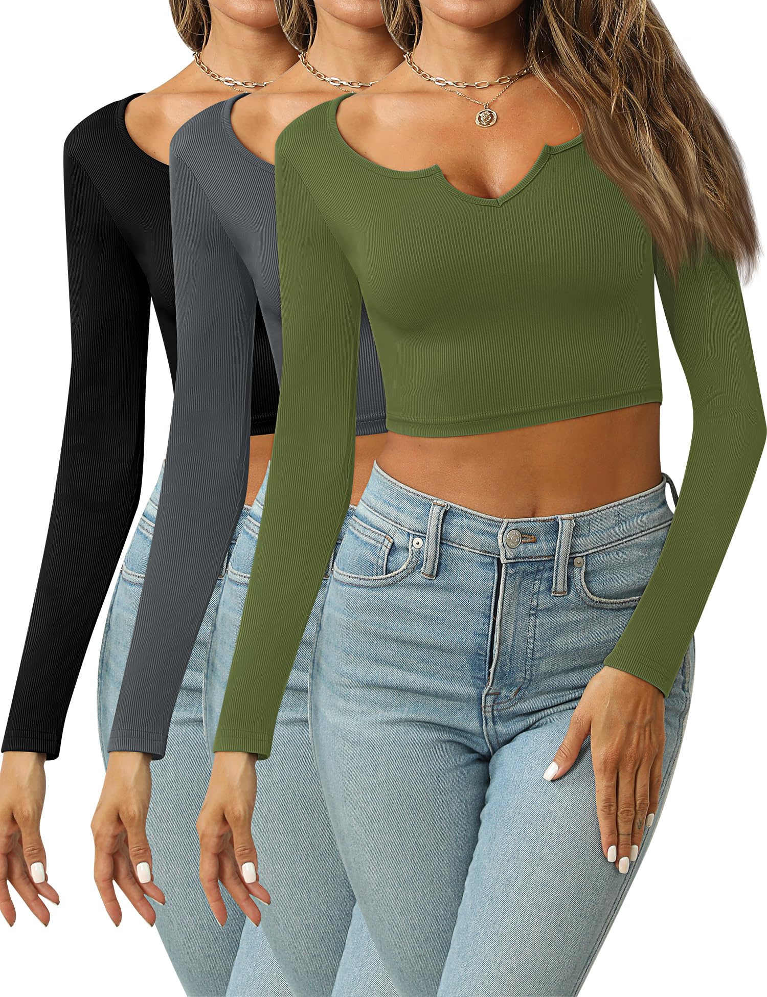 Locoowai 3 Pack Women's Long Sleeve V-Neck Ribbed Shirts - Slim Fit Basic Tops for Casual Wear, Work & Layering | Soft Stretch Solid Tees for Everyday Comfort