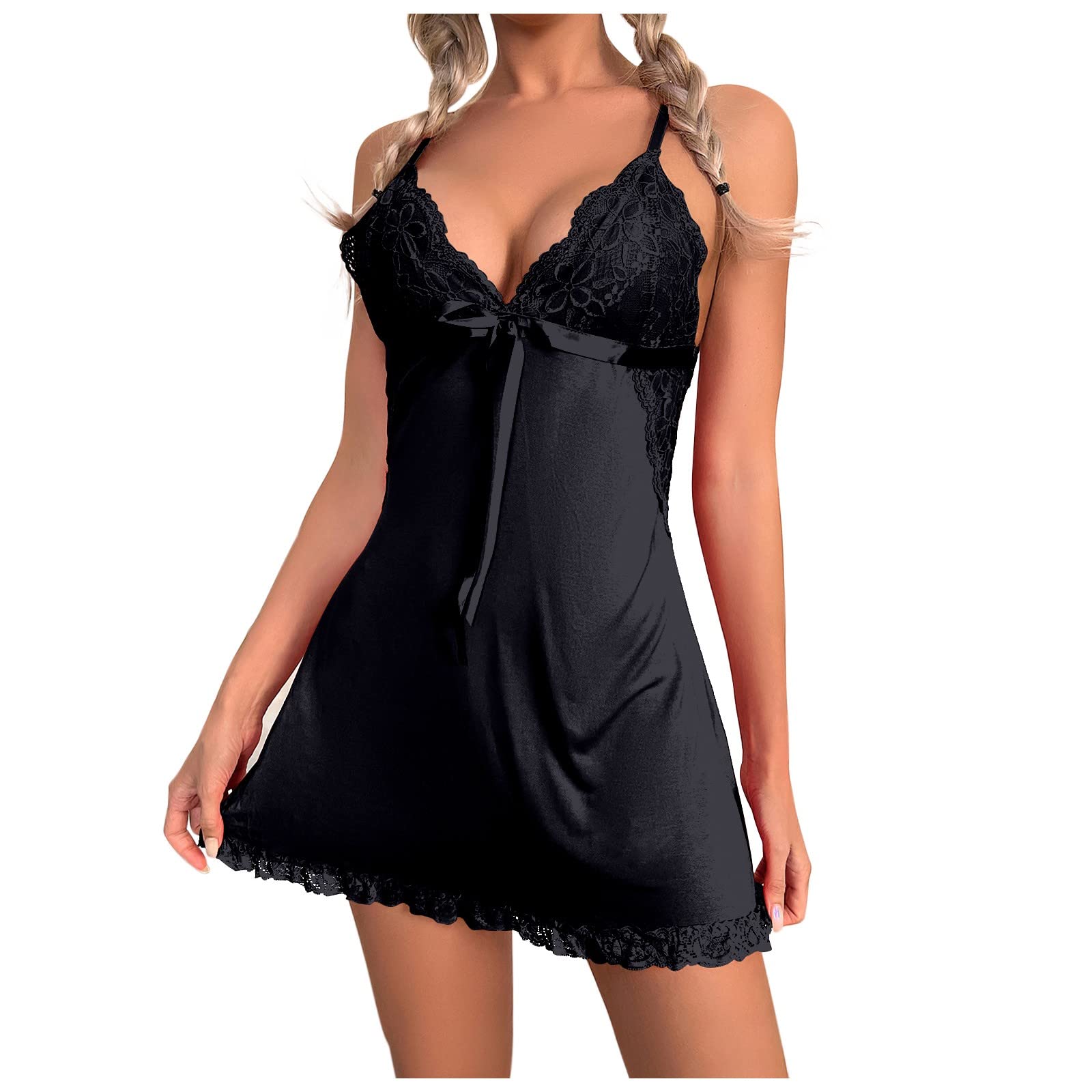 Silk Pajama Set for Women - Super Soft Satin Lingerie with Deep V Neck & Lace Trim, Sexy Chemise Mini Teddy & Thong Underwear Set in Black - Perfect for Valentine's Day, Honeymoon & Romantic Nights
