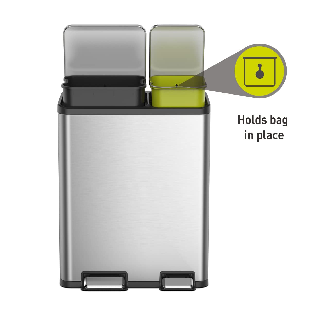 EKO EcoCasa 30L+20L Stainless Steel Dual Compartment Recycling Trash Can - Rectangular Kitchen Waste Bin with Independent Pedals & Soft-Close Lids, Fingerprint Resistant - Perfect for Eco-Friendly Homes, Office Break Rooms & Restaurant Kitchens
