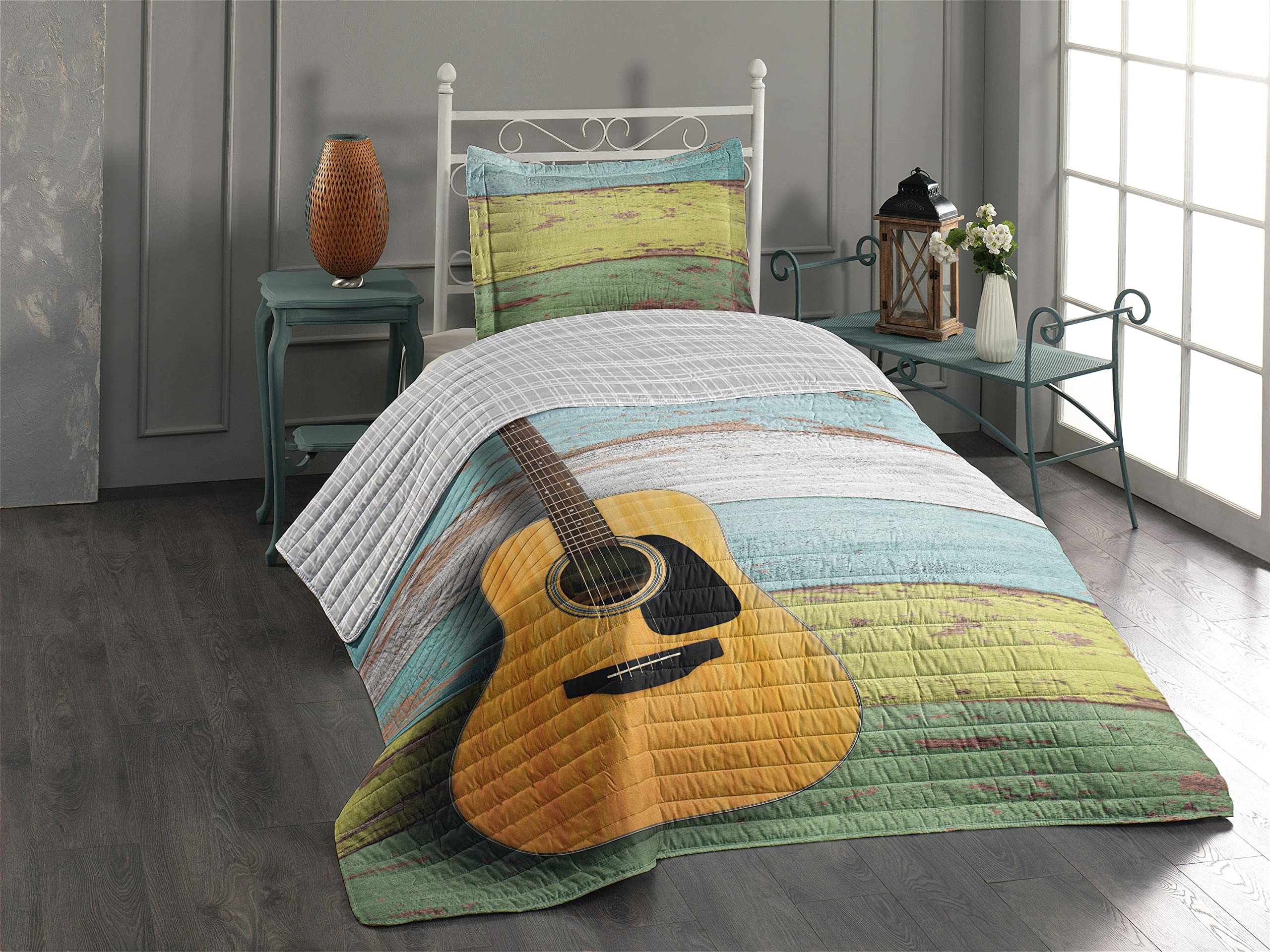 Ambesonne Reversible Music Bedspread Set - Acoustic Guitar on Colorful Painted Wood Planks, Rustic Country Design Microfiber Bedding with Pillow Shams & Comforter, Twin Size in Green Pale Blue - Perfect for Bedroom, Dorm, Guest Room Decor & Music Lovers Gift