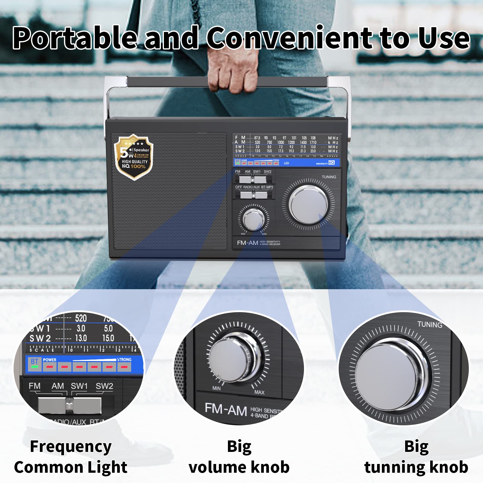 Portable AM FM Radio with Bluetooth - Retro Transistor Radio with SW Band, Best Reception, Battery or AC Power, Bluetooth Speaker, Earphone Jack, USB/TF/AUX Input - Perfect for Seniors, Home, Office, Travel & Emergency Use (Black)