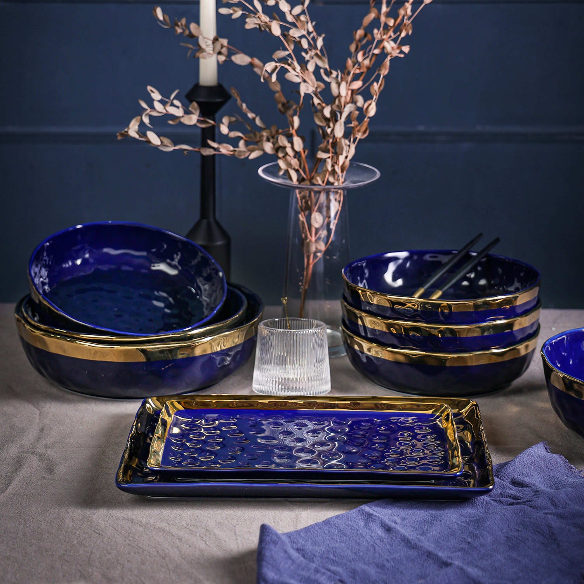 Florian Porcelain Dinner Plates Set - Elegant Blue Ceramic Plates for Formal Dining, Wedding, and Special Occasions