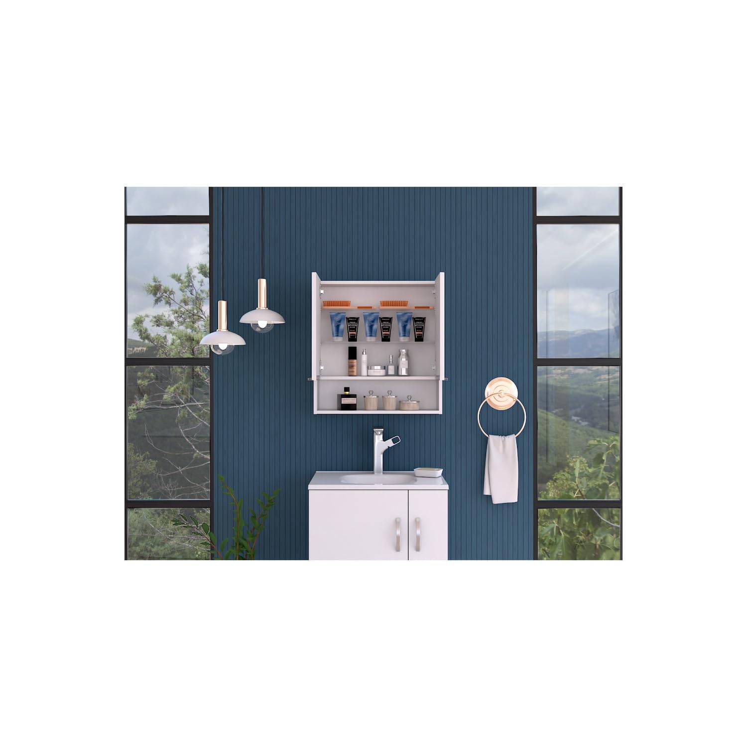 Tuhome Jaspe Mirror Medicine Cabinet with 3 Adjustable Shelves & Open Storage - White Double Door Bathroom Vanity for Makeup & Organizing