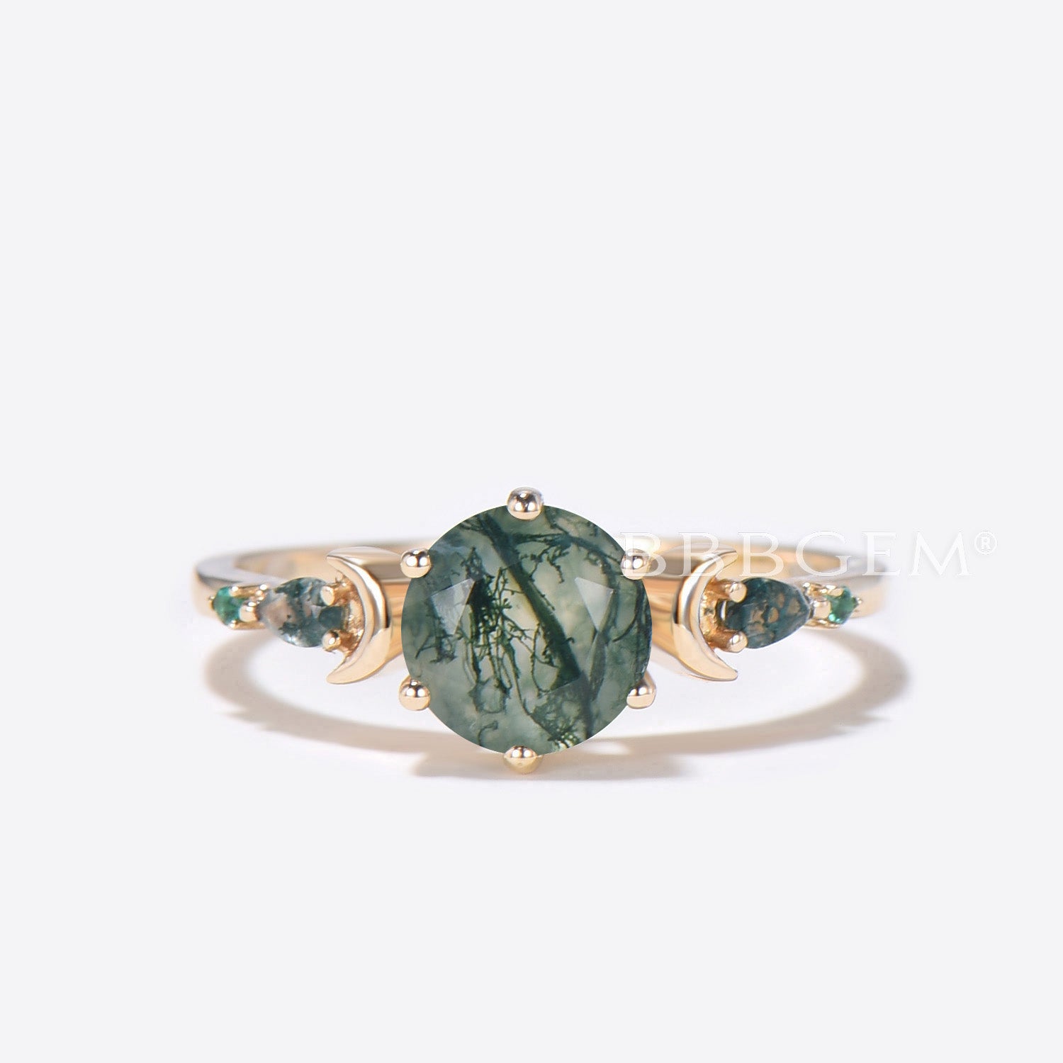 14K Gold Moss Agate Moon Engagement Ring – Elegant Aquatic Agate Wedding Band for Women, Perfect for Proposals, Anniversaries & Romantic Occasions