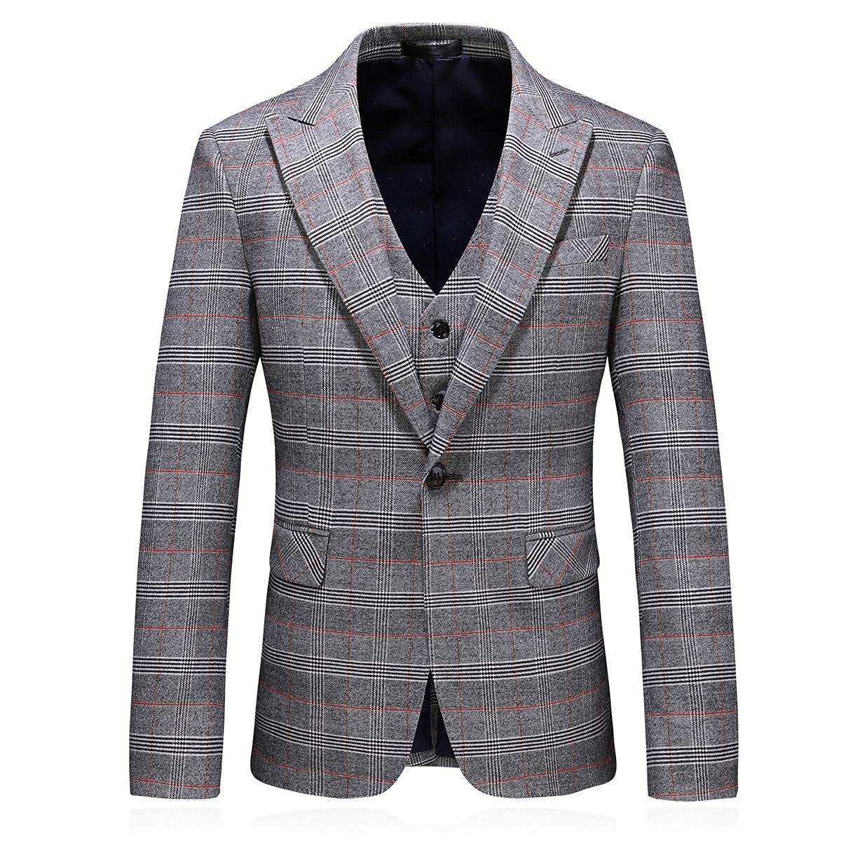 Men's 3-Piece Check Plaid Suit Set - Single Breasted One Button Jacket with Vest & Pants - Formal Business Attire, Wedding, Prom, Party Tuxedo Blazer Outfit for Special Occasions