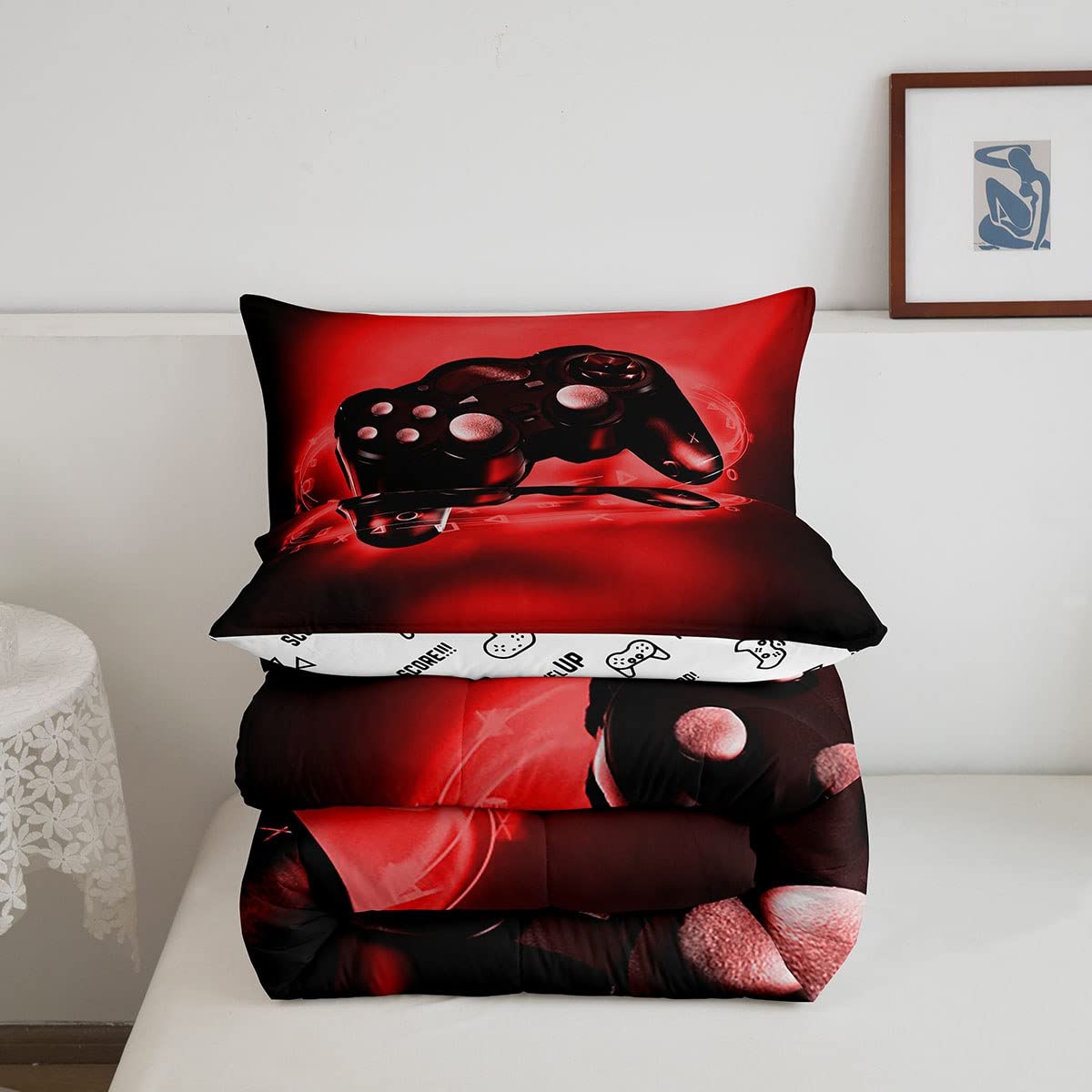 Feelyou Gaming Comforter Set - Video Game Themed Bedding for Teens & Boys - Red & Black Gamer Duvet Cover with Controller Design - Full/Queen Size Comforter & 2 Pillowcases - Perfect for Gaming Rooms, Teen Bedrooms & Sleepovers
