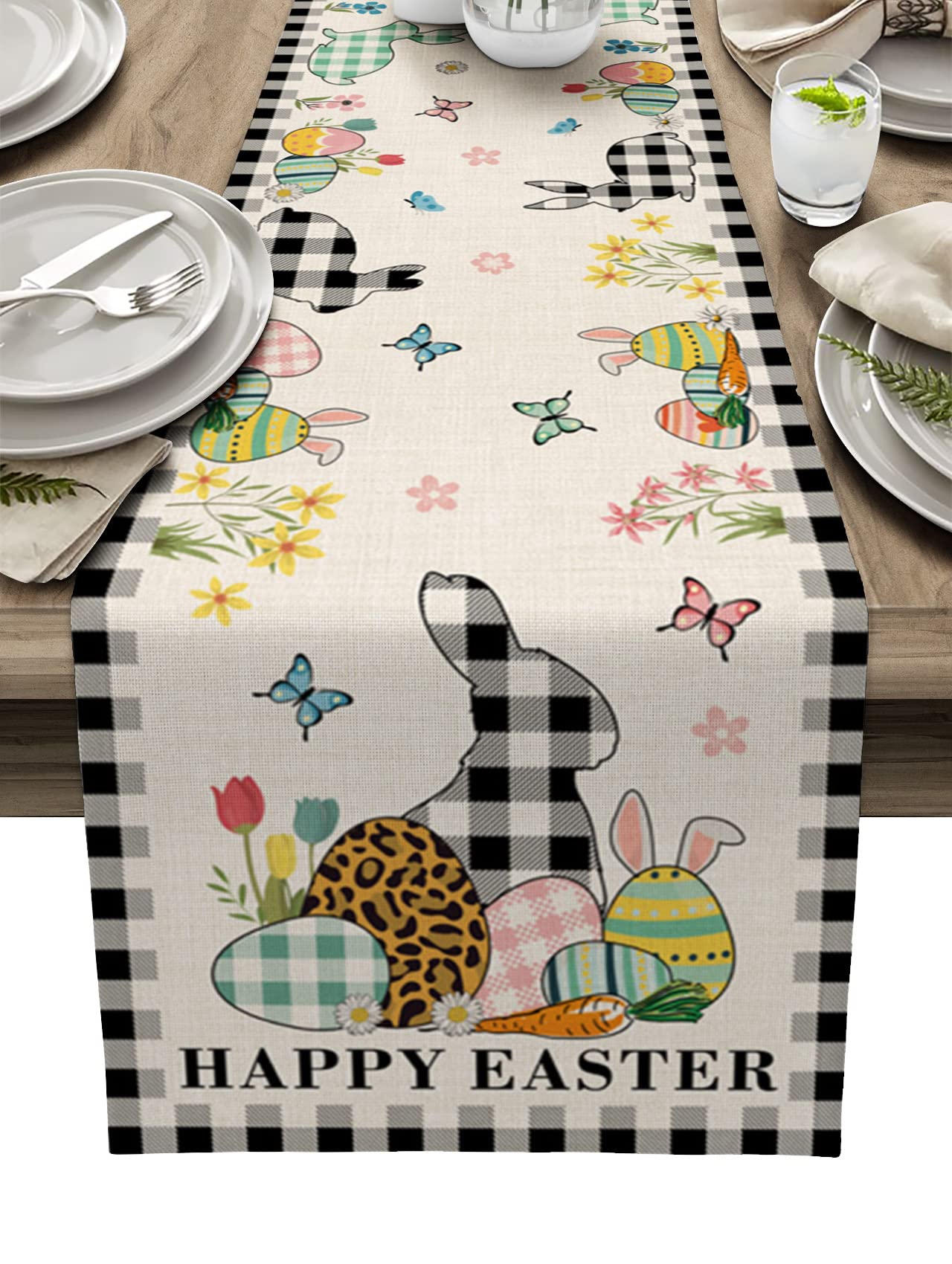 90 Inch Easter Table Runner - Black and White Buffalo Plaid with Eggs & Rabbits Design - 13x90in Kitchen Dining Table Decor for Holiday Parties, Home Decor, Coffee Table & Buffet Settings