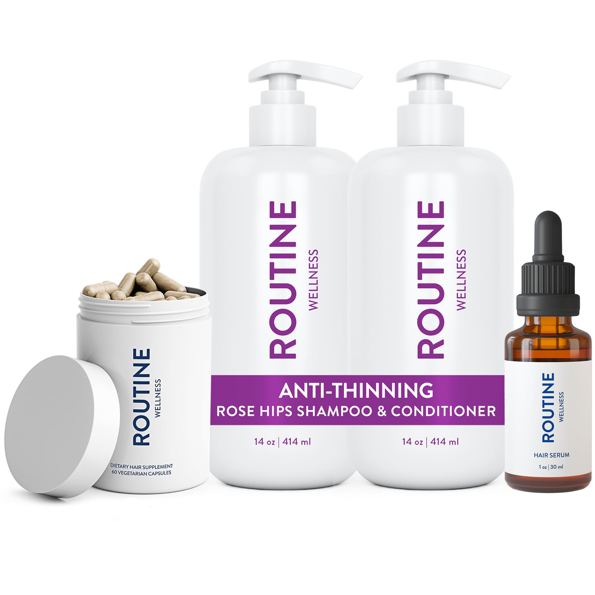 Anti-Thinning Hair Care Set - Rose Hips Shampoo, Conditioner, Serum & Supplement for Thicker, Healthier Hair | Daily Hair Growth Routine for Men & Women | Perfect for Fine, Thin or Damaged Hair