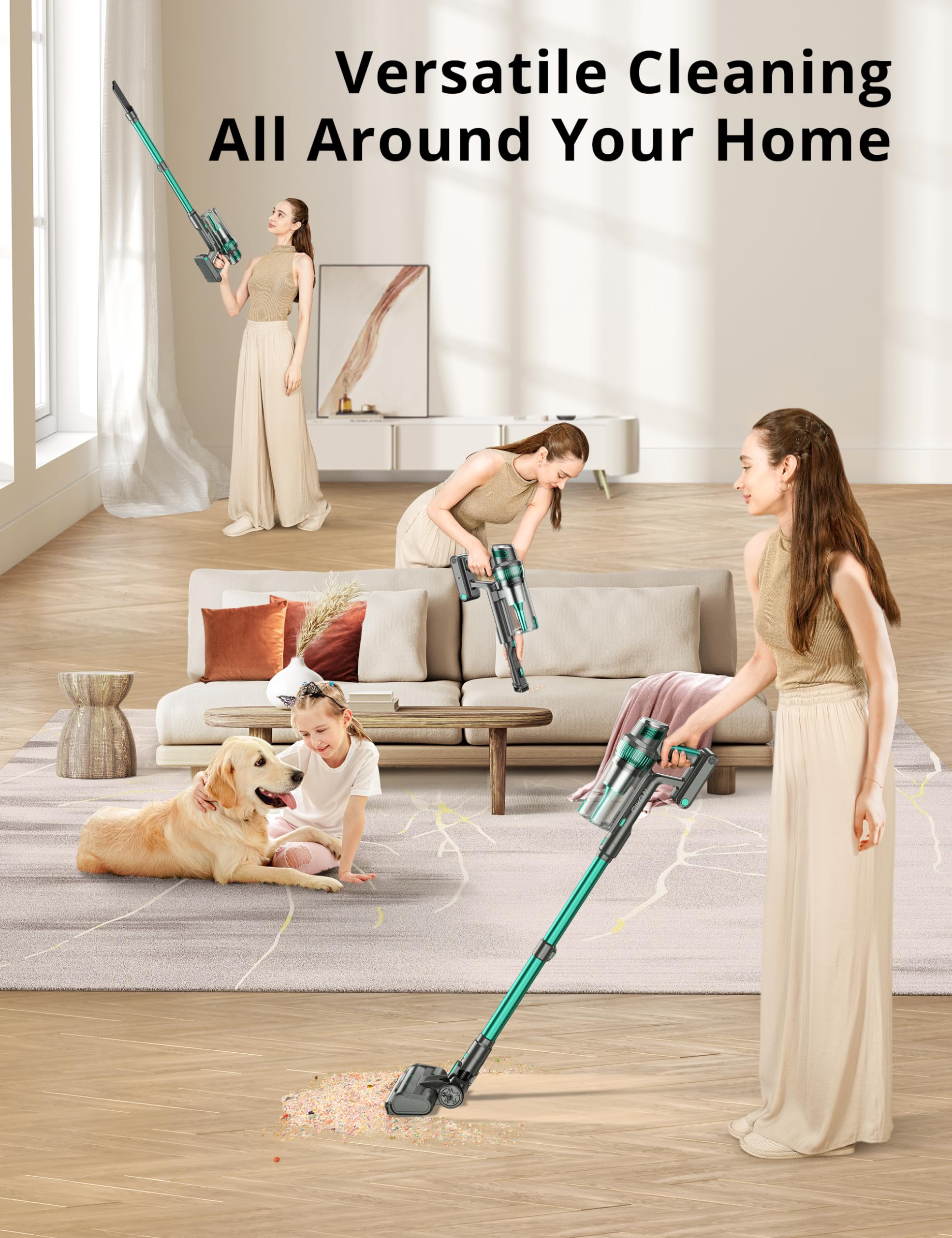 Powerful Cordless Stick Vacuum Cleaner - 250W 30Kpa Suction, 90000 RPM Motor, LED Display, 3 Cleaning Modes, 40 Min Runtime - Rechargeable Handheld Vacuum for Pet Hair, Hardwood Floors & Carpets (Green) | Perfect for Quick Cleanups & Deep Cleaning in Homes with Pets
