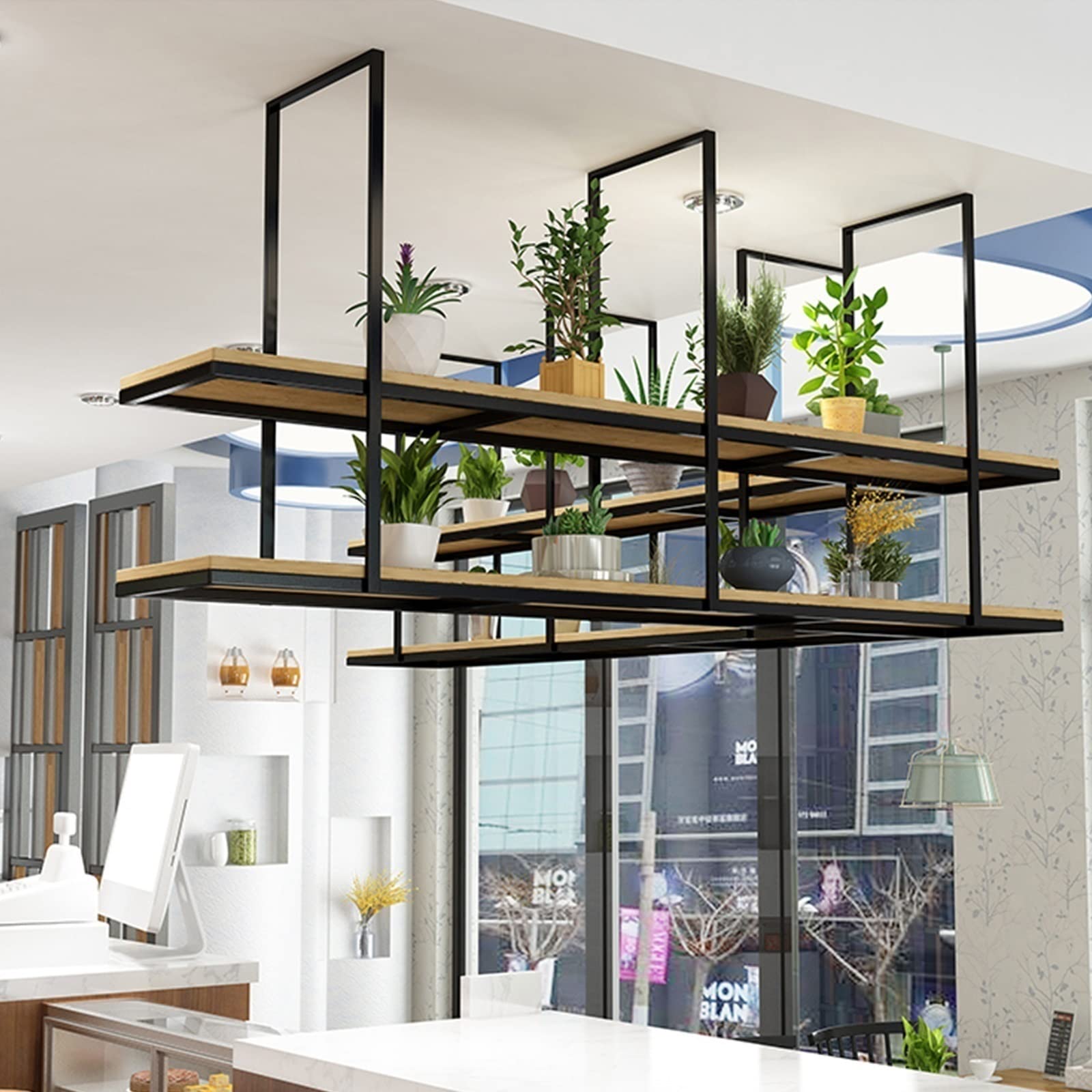 American Style Hanging Floating Shelf - Solid Wood Ceiling Wine Rack & Bookshelf, LOFT Wall Mounted Wrought Iron Plant Stand for Dining Room, Living Room, Bar Decor | Perfect for Wine Storage, Book Display & Indoor Plant Decorating